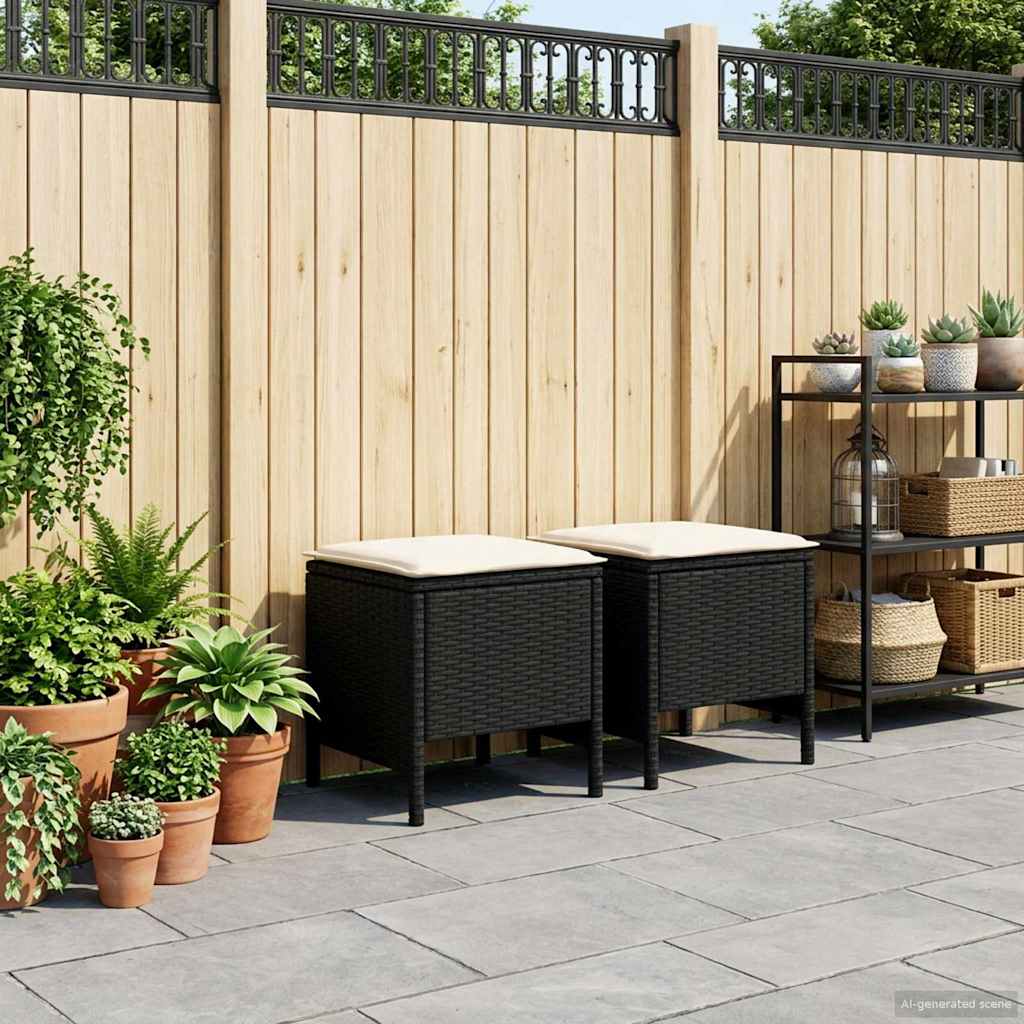 2 Stk. Garten-Fußhocker PE-Rattan Schwarz und Creme
