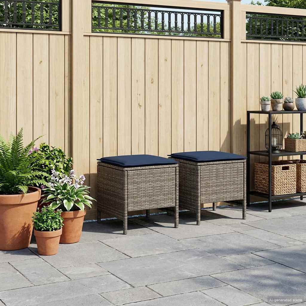 2 Stk. Garten-Fußhocker PE-Rattan Grau und Marineblau