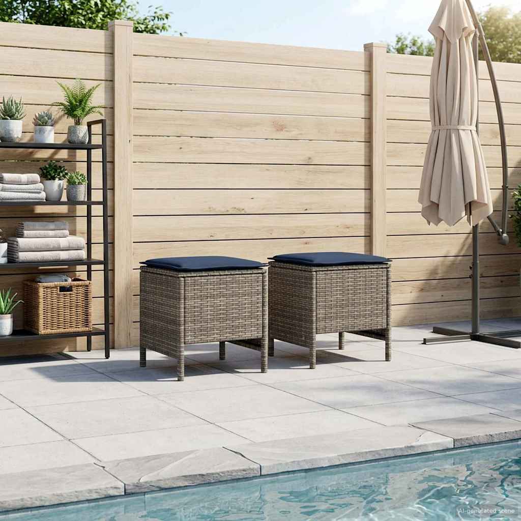 2 Stk. Garten-Fußhocker PE-Rattan Grau und Marineblau