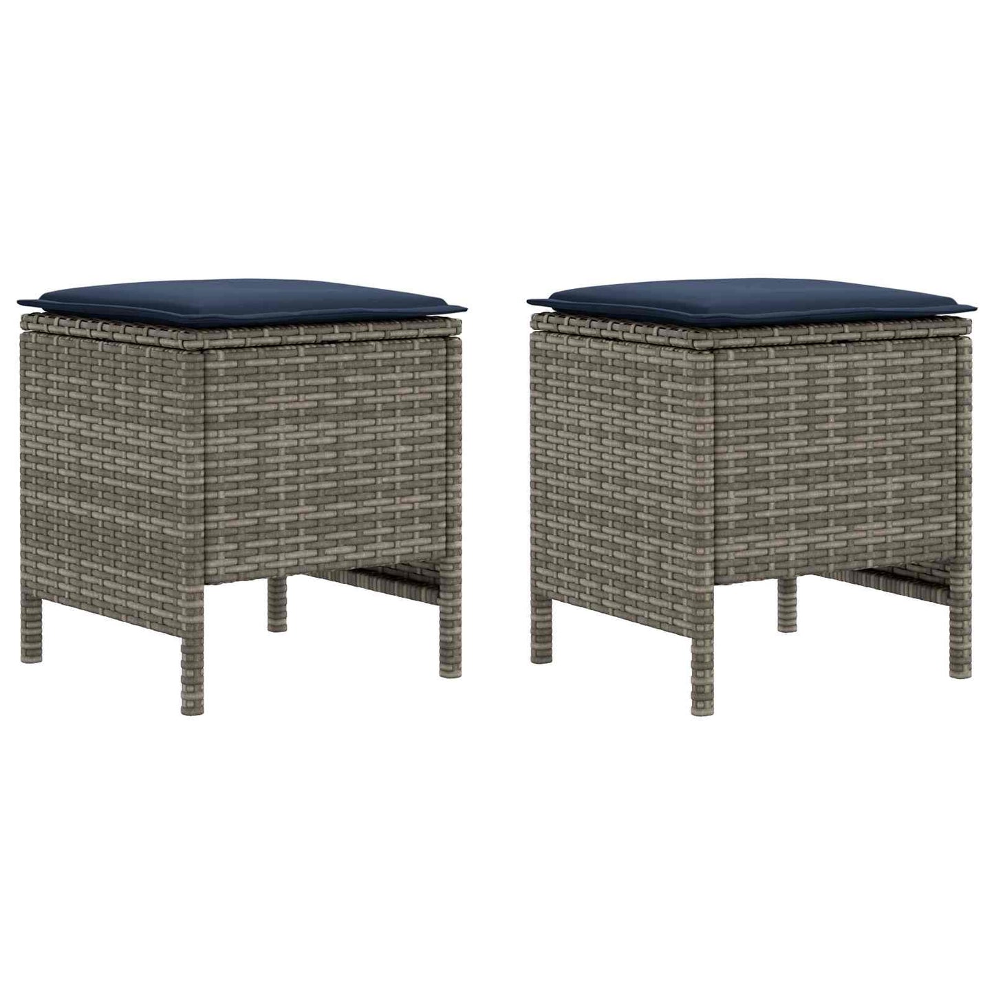 2 Stk. Garten-Fußhocker PE-Rattan Grau und Marineblau