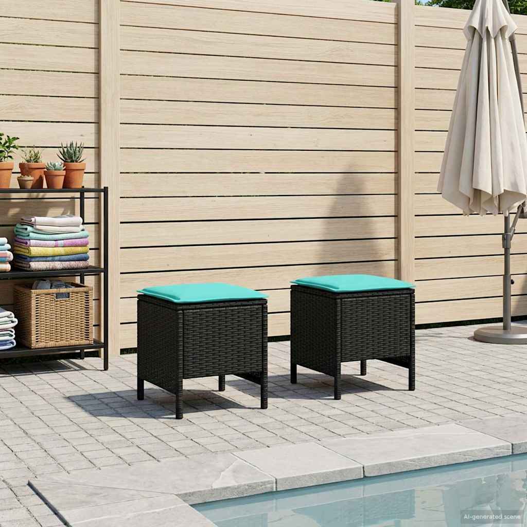2 Stk. Garten-Fußhocker PE-Rattan Schwarz und Türkis