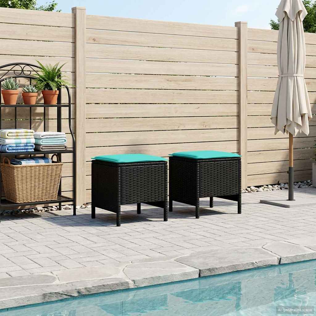 2 Stk. Garten-Fußhocker PE-Rattan Schwarz und Türkis