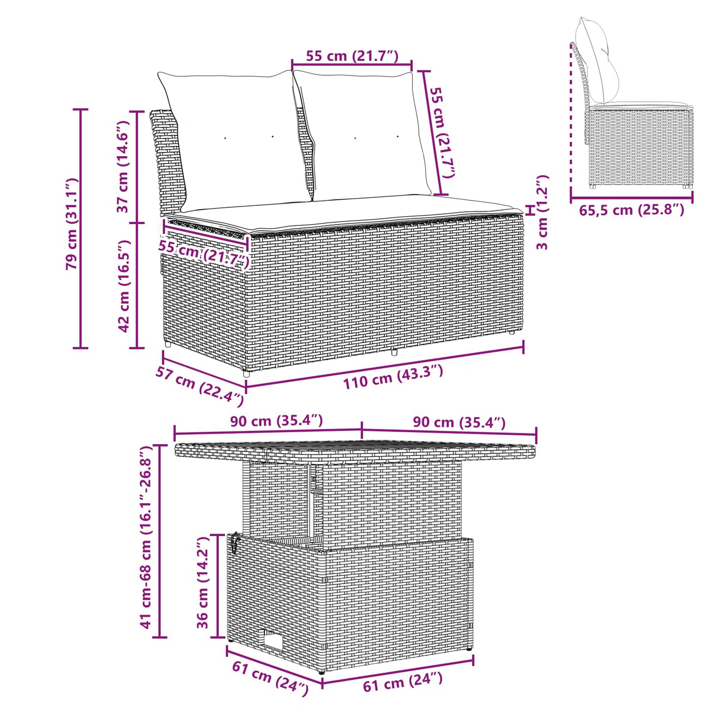 2 Stück Garten Mittel Sofa Mit Hochklapptisch Poly-Rattan