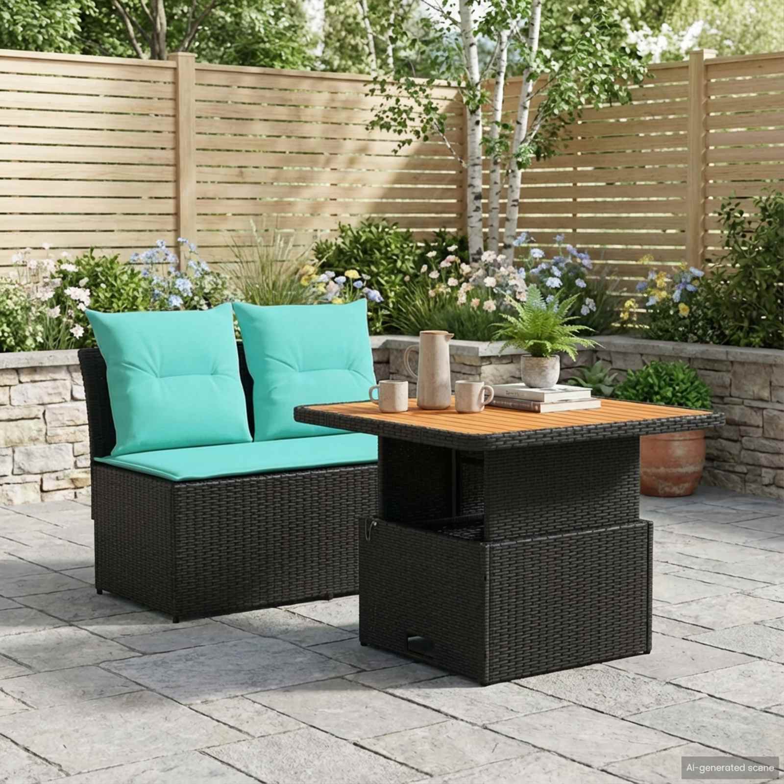 2 Stück Garten Mittel Sofa Mit Hochklapptisch Poly-Rattan