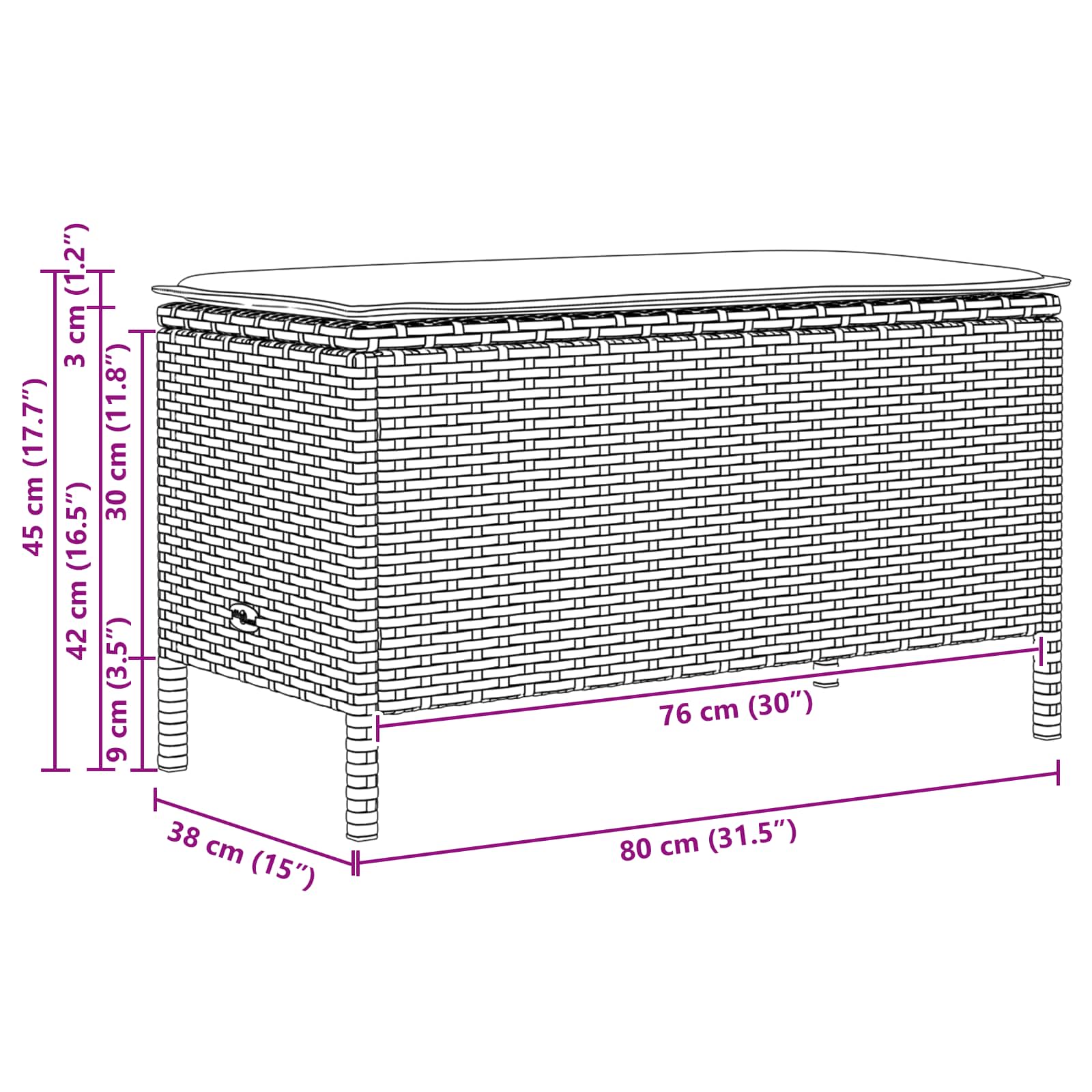 Garten-Fußhocker mit Kissen Schwarz 80 x 38 x 45 cm PE-Rattan