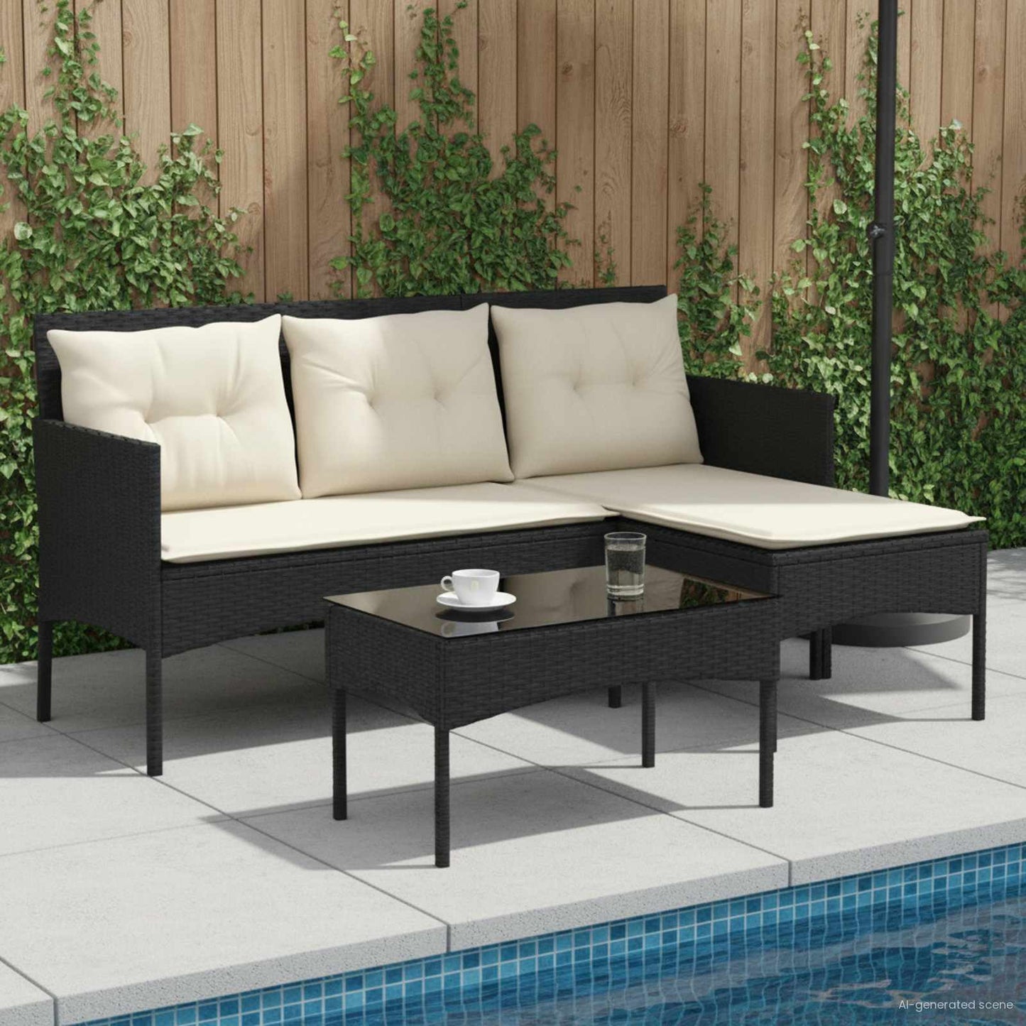 Gartensofa-set mit Kissen 2 pcs Schwarz und Creme Poly-Rattan