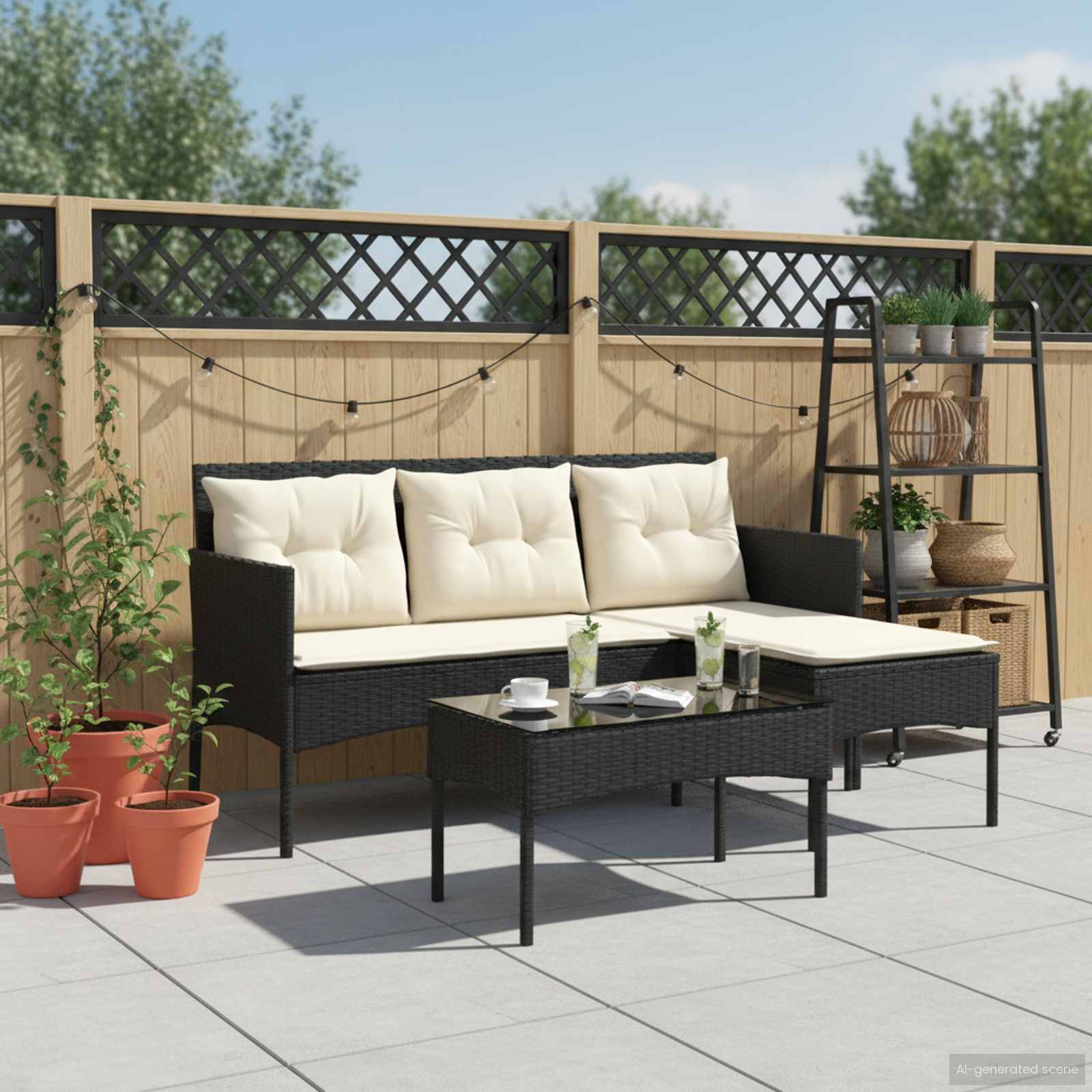 Gartensofa-set mit Kissen 2 pcs Schwarz und Creme Poly-Rattan