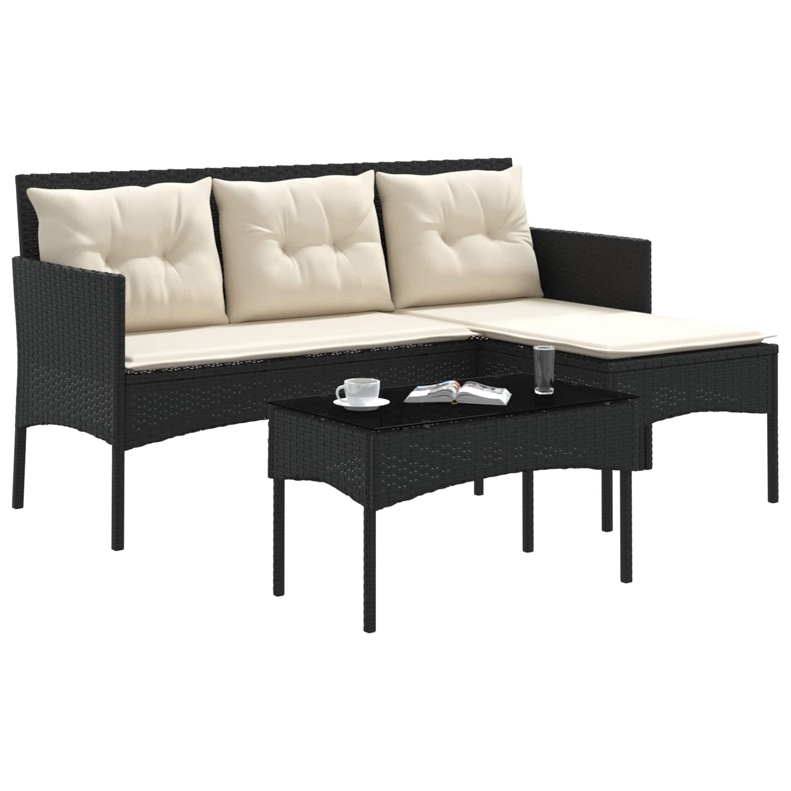 Gartensofa-set mit Kissen 2 pcs Schwarz und Creme Poly-Rattan
