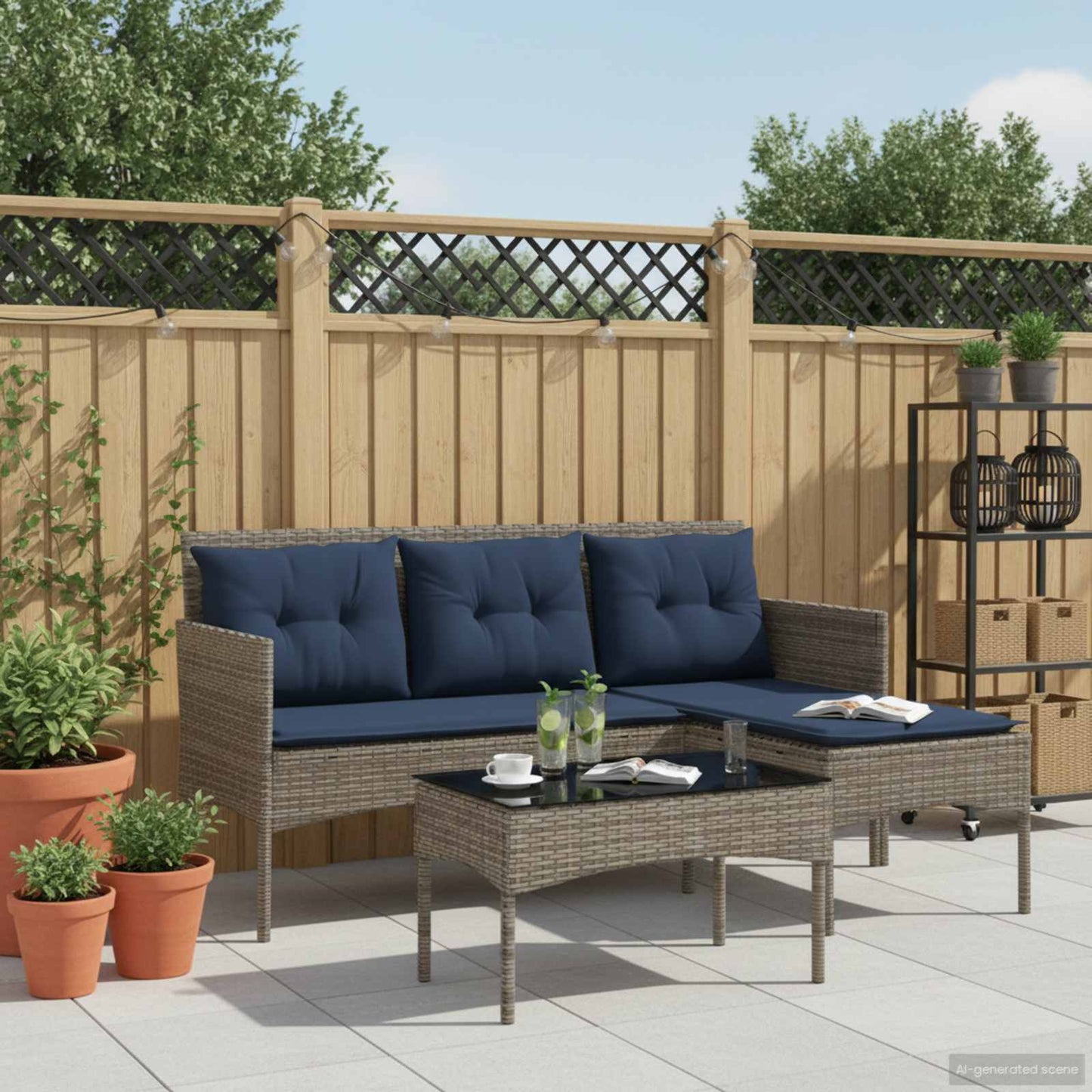 Gartensofa-set mit Kissen 2 pcs Grau und Marineblau Poly-Rattan