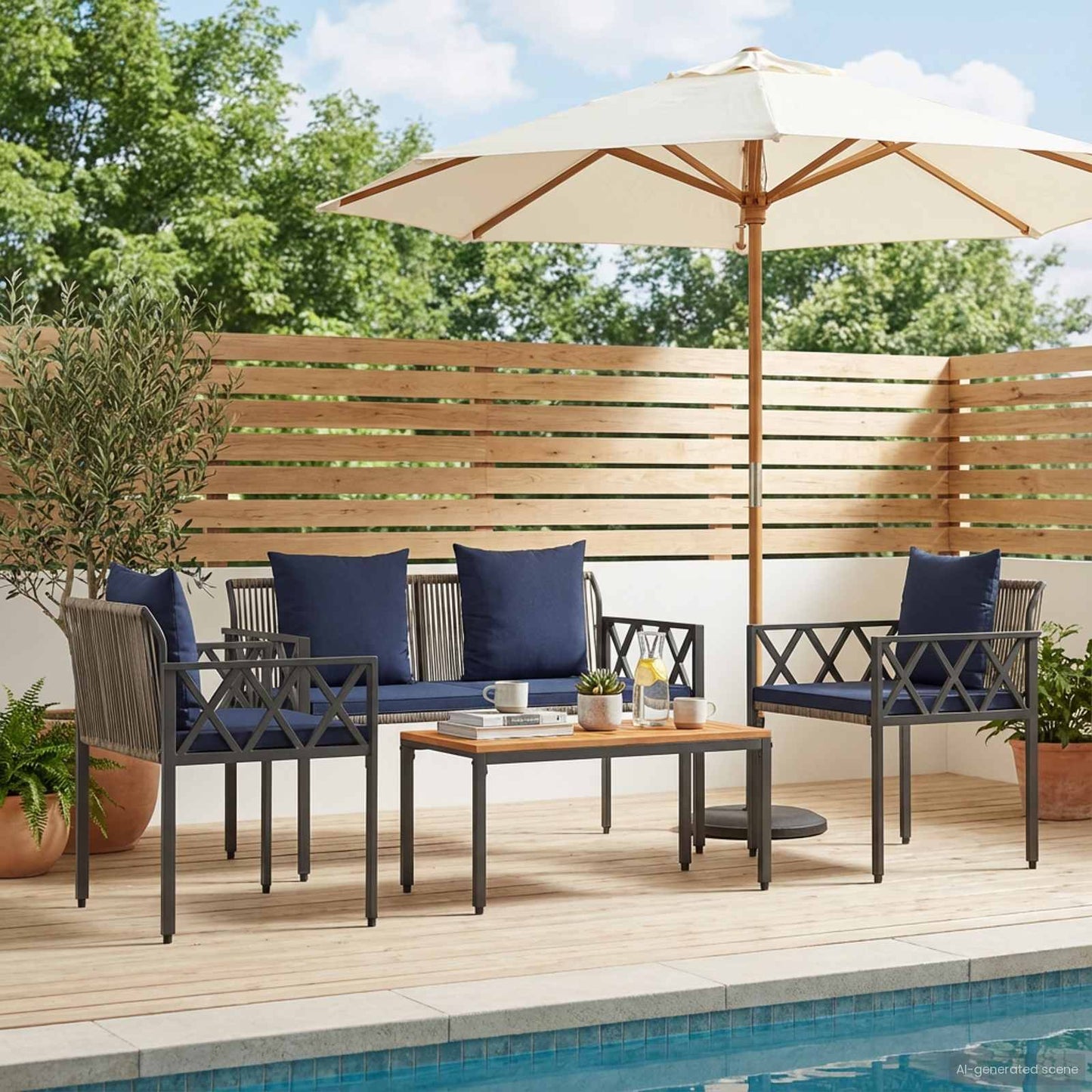 Gartenmöbel-Set 4 stk. Grau und Marineblau Poly-Rattan