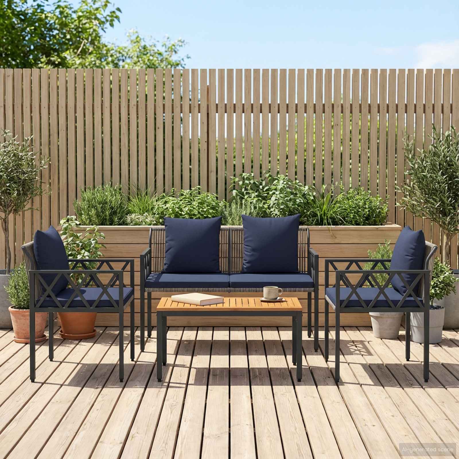 Gartenmöbel-Set 4 stk. Grau und Marineblau Poly-Rattan