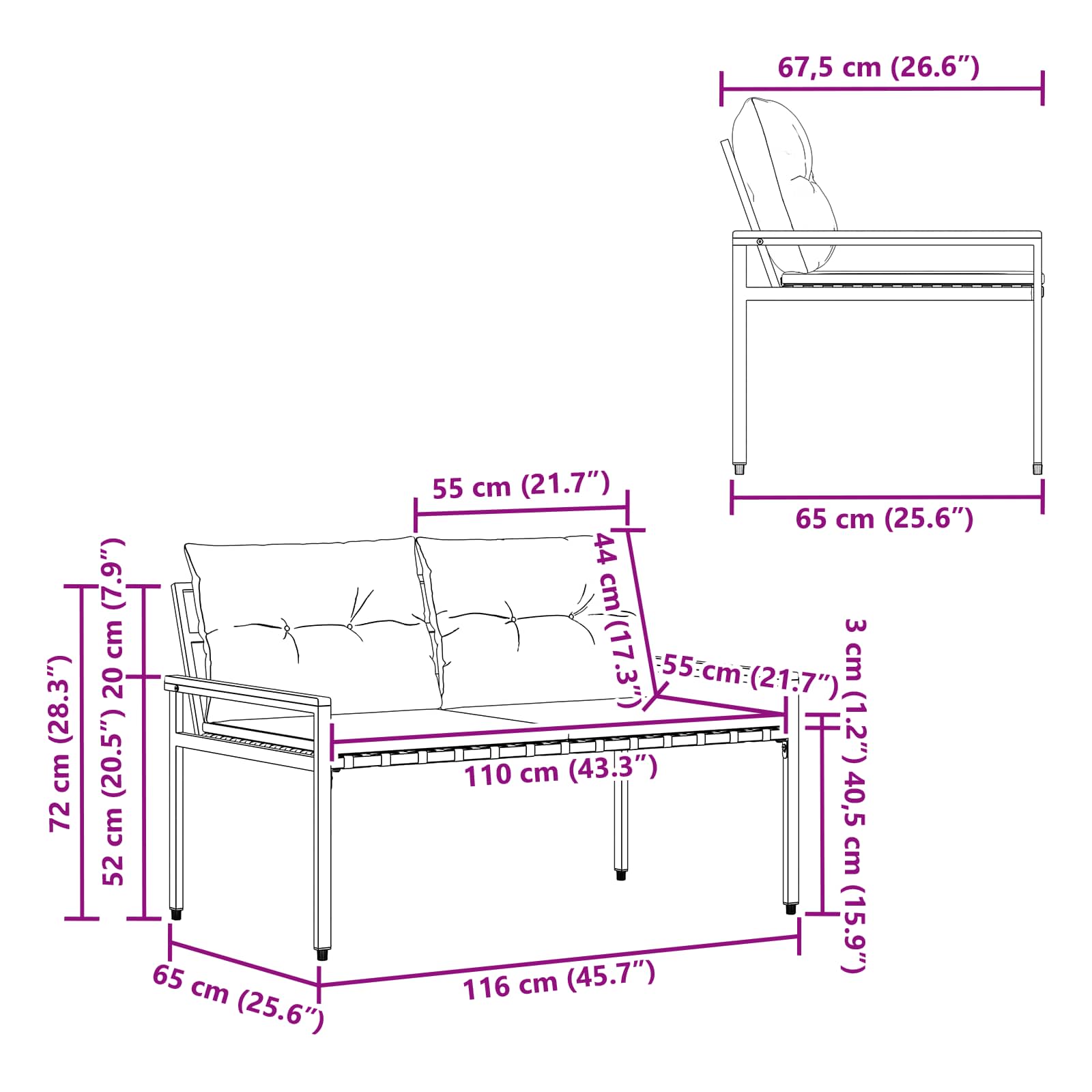 Bank Outdoor 2 -Seater 116 x 67,5 x 72 cm Poly-Rattan Cremeweiß