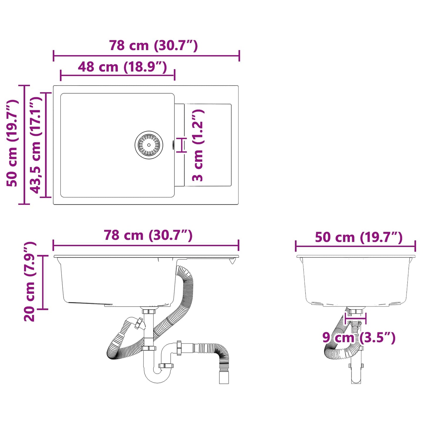Waschbecken Weiß 780 x 500 mm 80% Quarz und 20% Harz