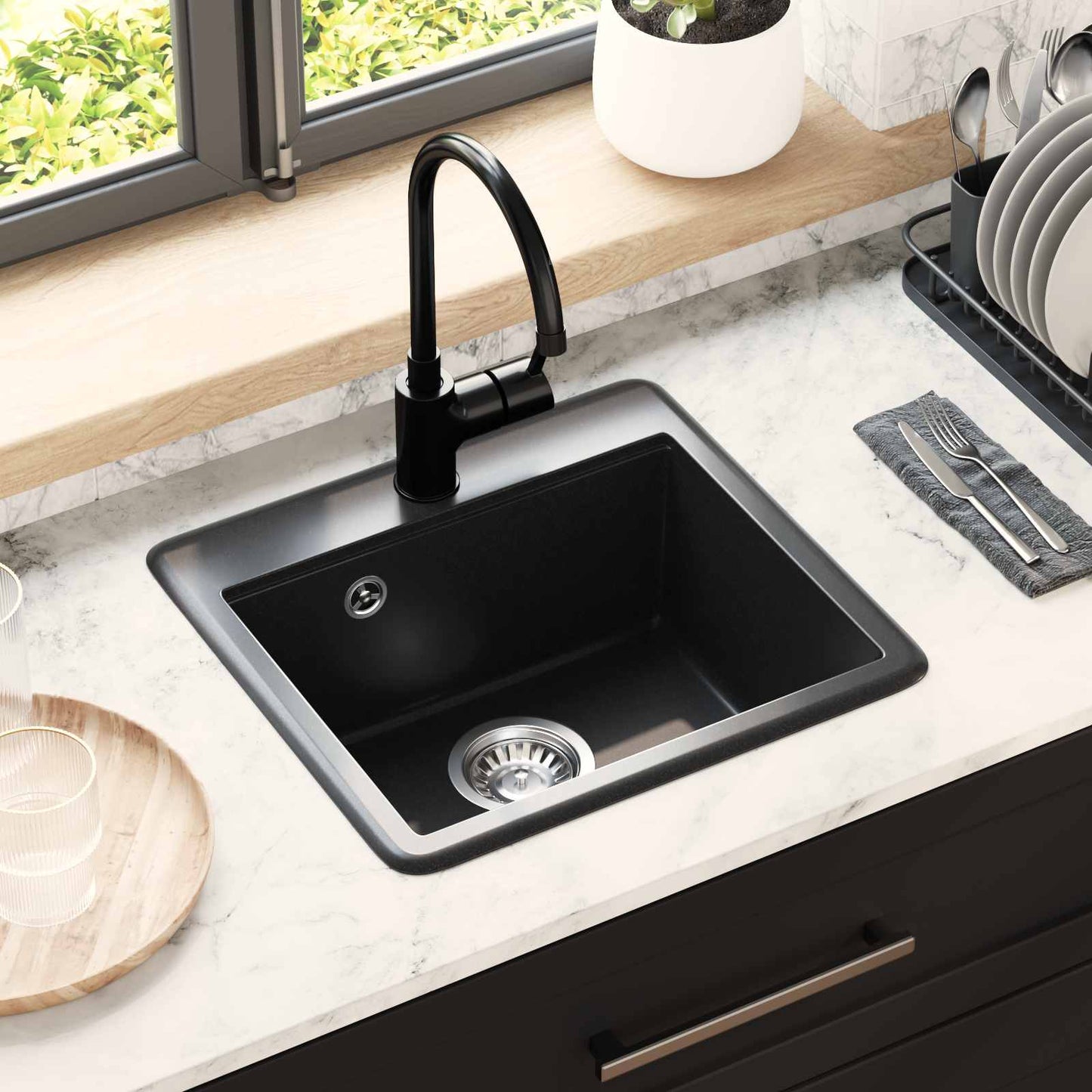 Waschbecken 80% Quarz und 20% Harz 470 x 440 mm Schwarz
