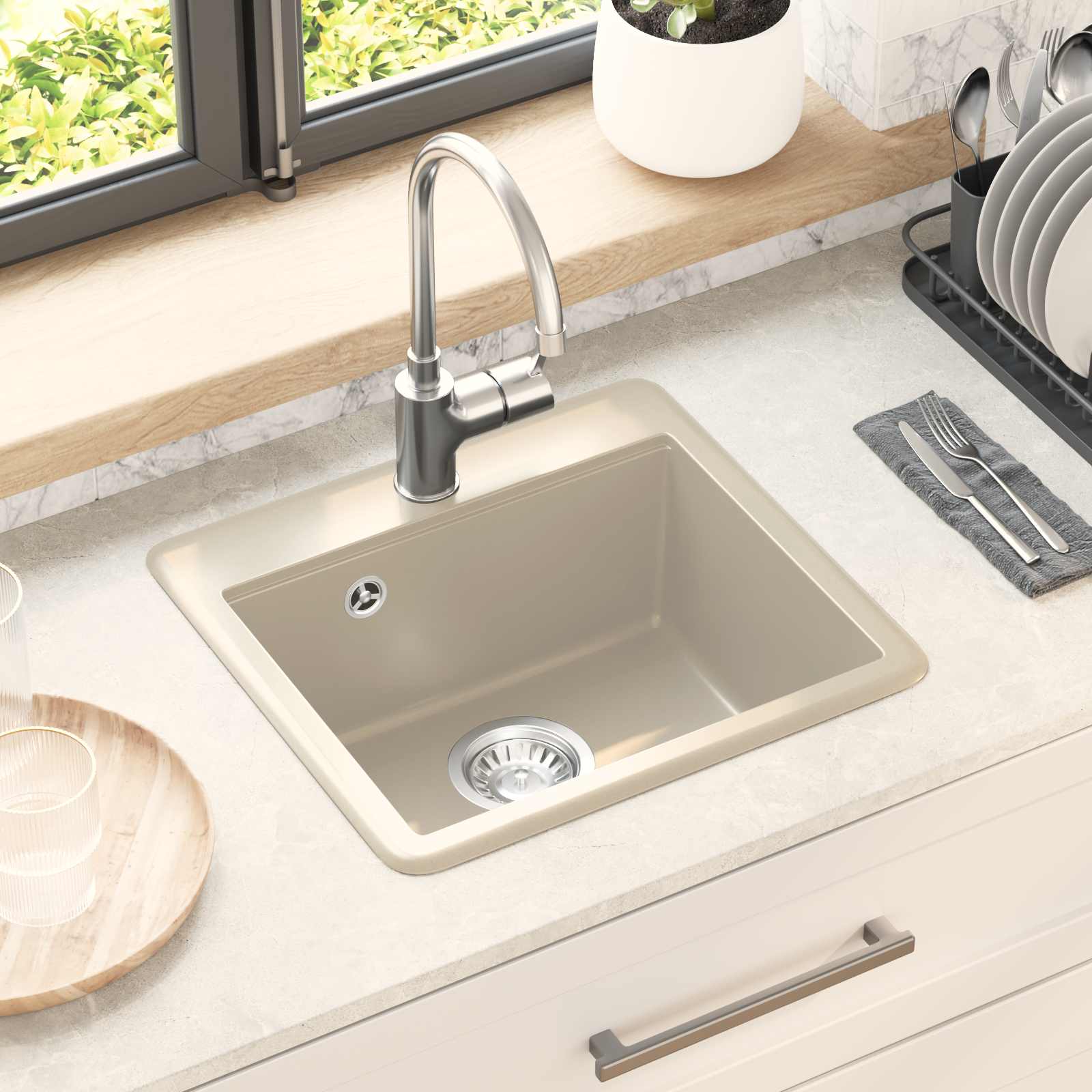 Waschbecken 80% Quarz und 20% Harz 470 x 440 mm Beige