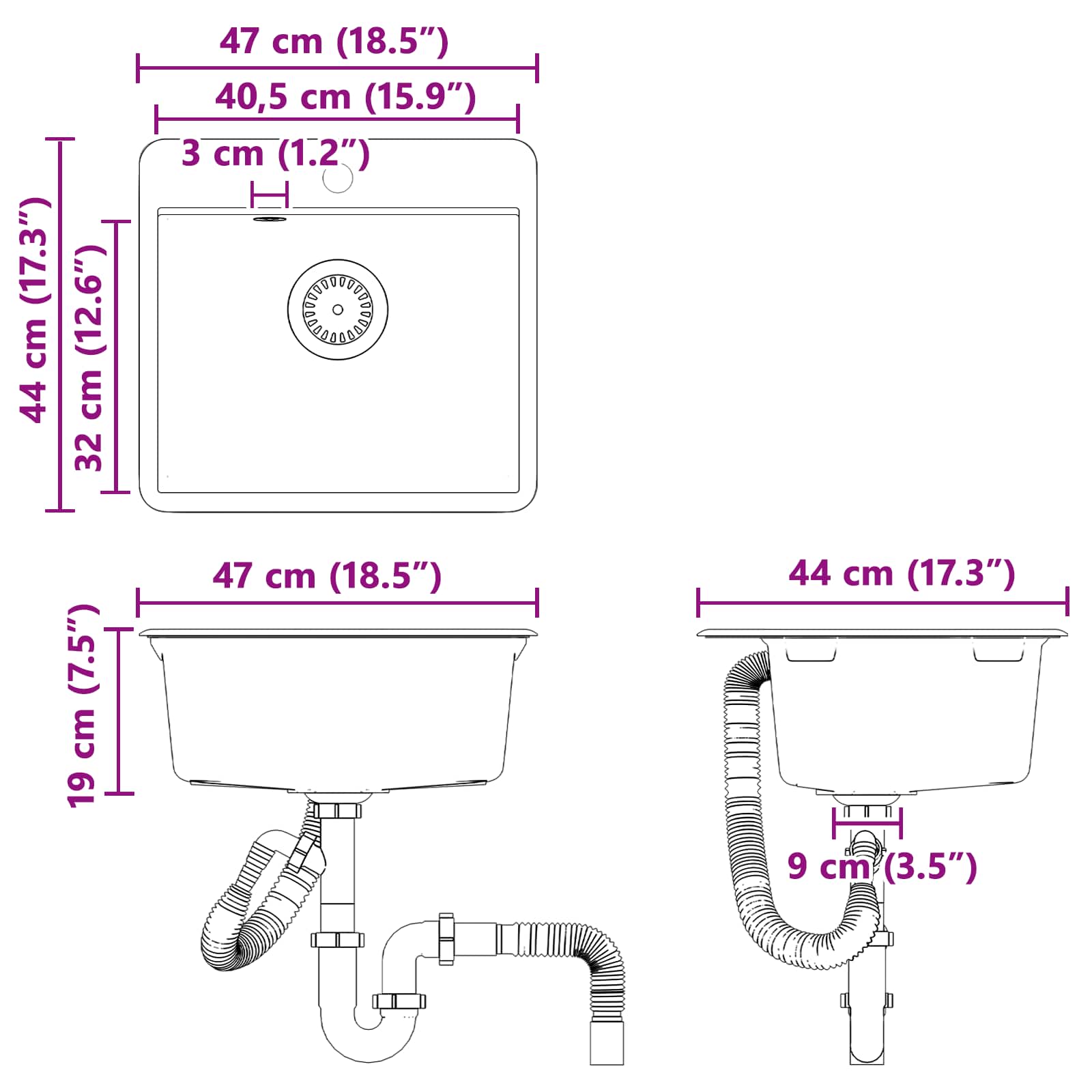 Waschbecken 80% Quarz und 20% Harz 470 x 440 mm Weiß
