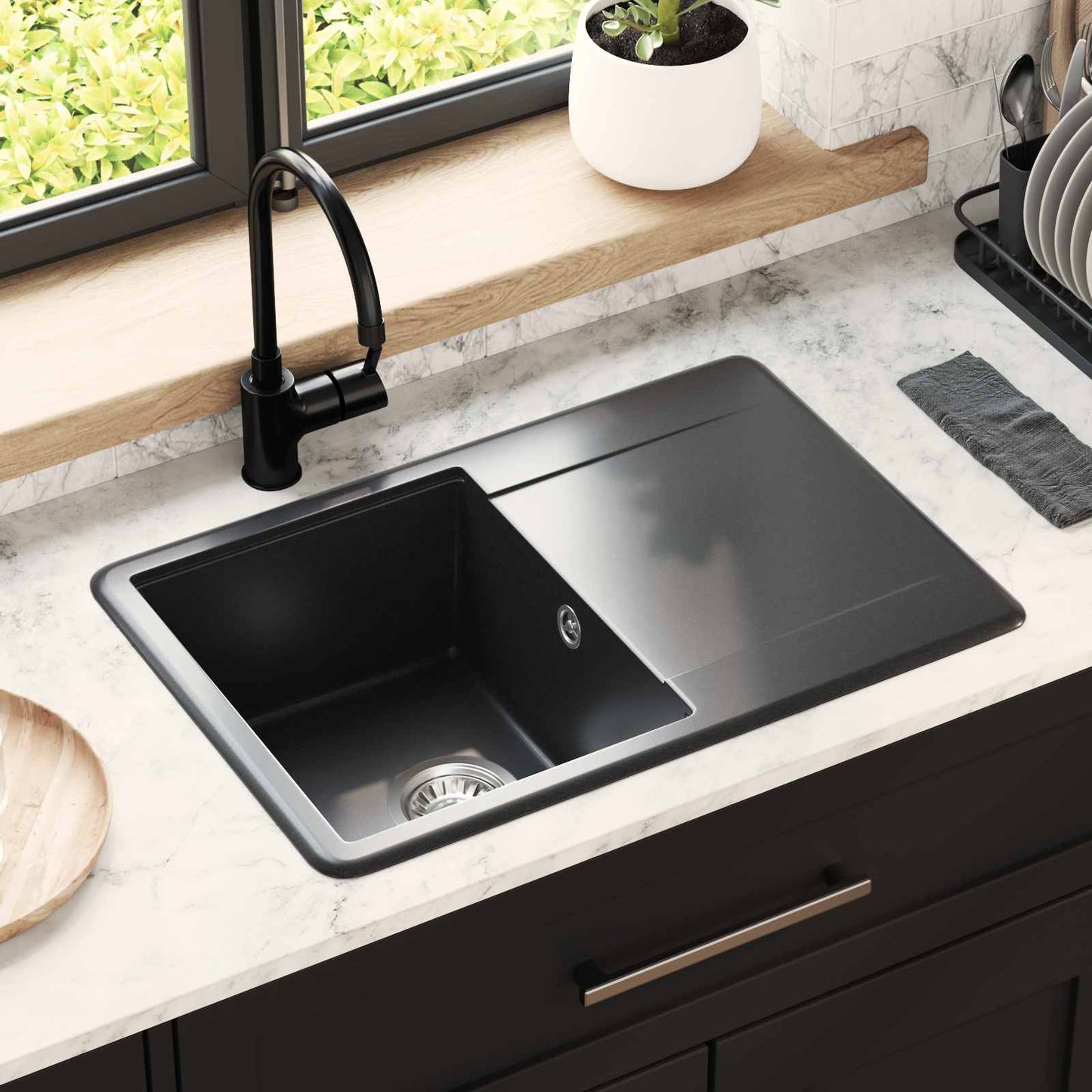 Waschbecken 80% Quarz und 20% Harz 670 x 460 mm Schwarz