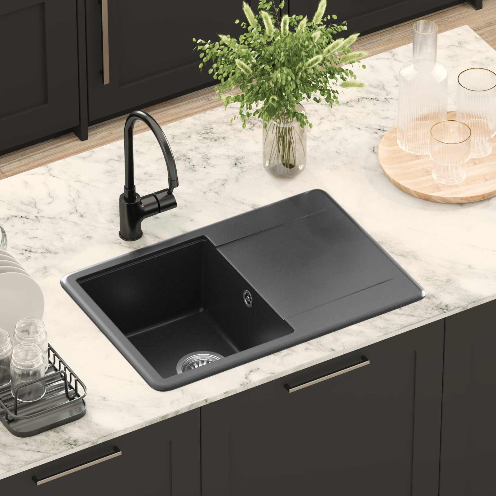 Waschbecken 80% Quarz und 20% Harz 670 x 460 mm Schwarz