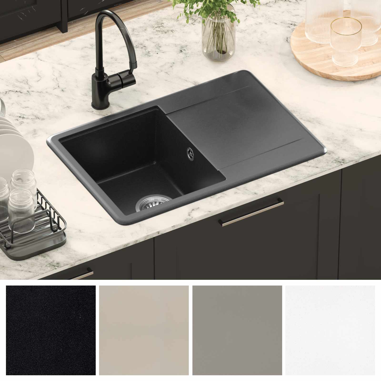 Waschbecken 80% Quarz und 20% Harz 670 x 460 mm Schwarz