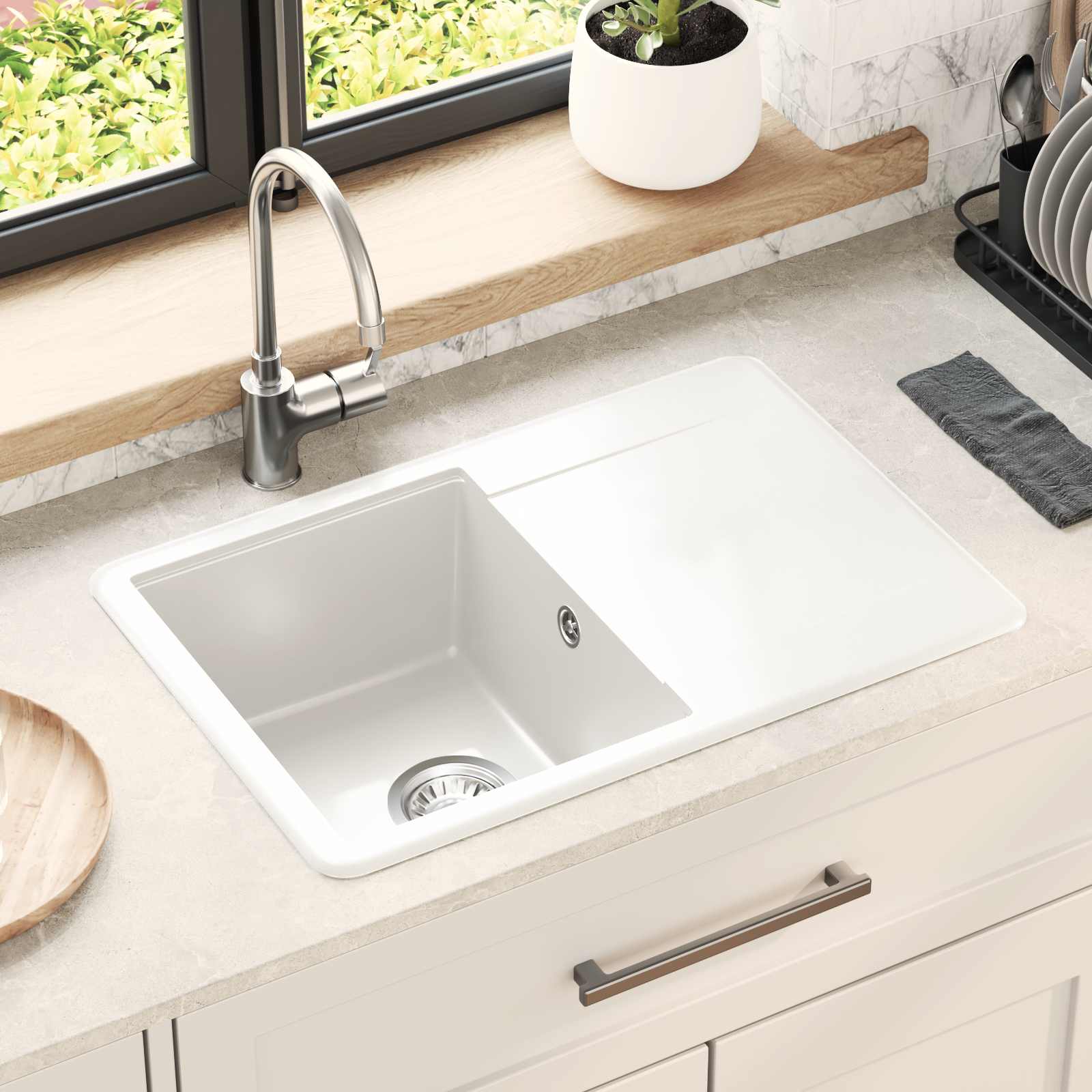 Waschbecken 80% Quarz und 20% Harz 670 x 460 mm Weiß