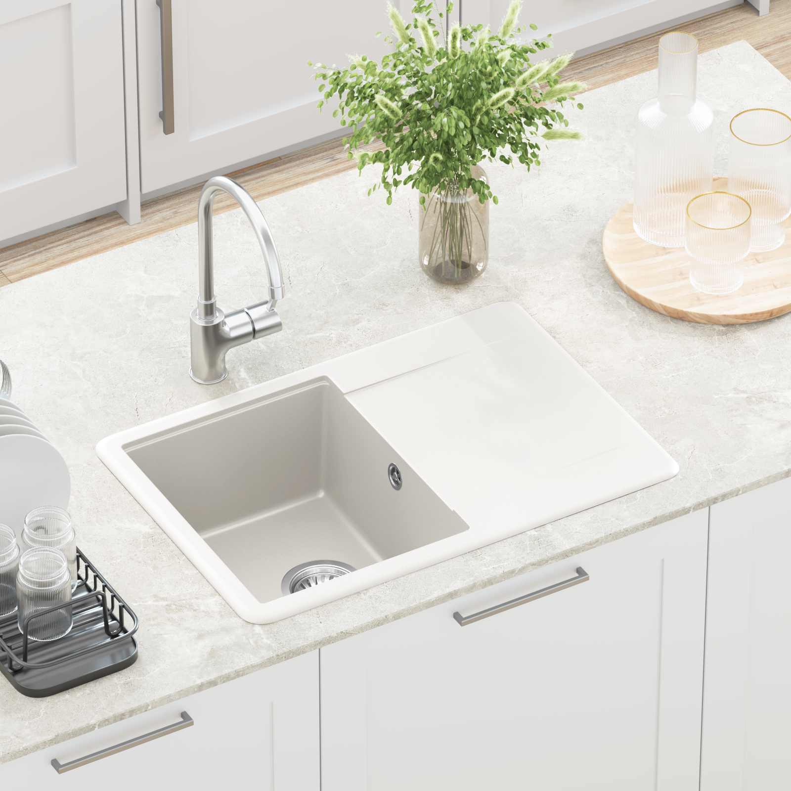 Waschbecken 80% Quarz und 20% Harz 670 x 460 mm Weiß