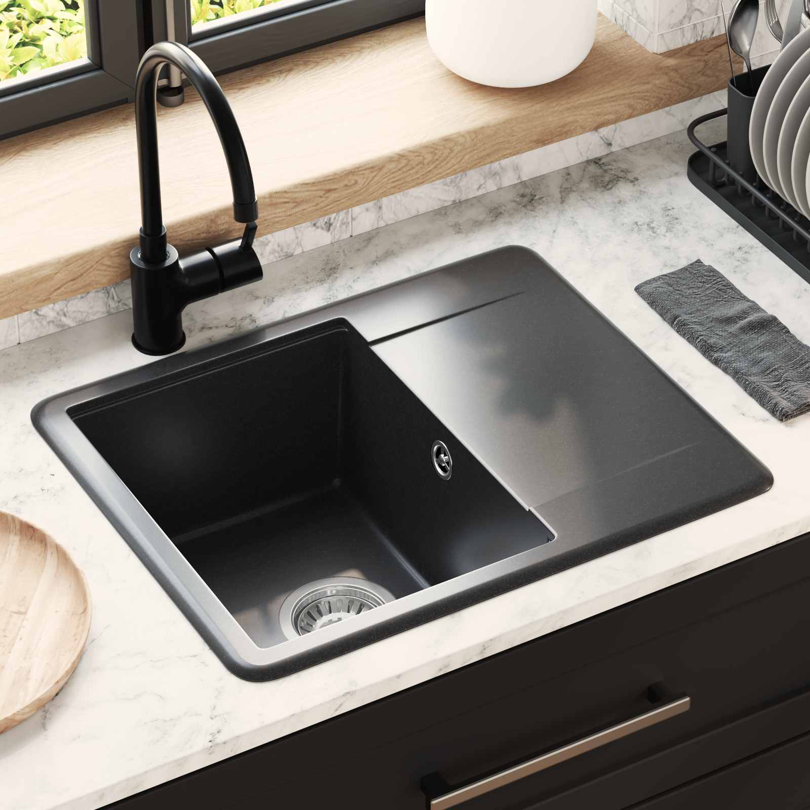 Waschbecken 80% Quarz und 20% Harz 560 x 460 mm Schwarz