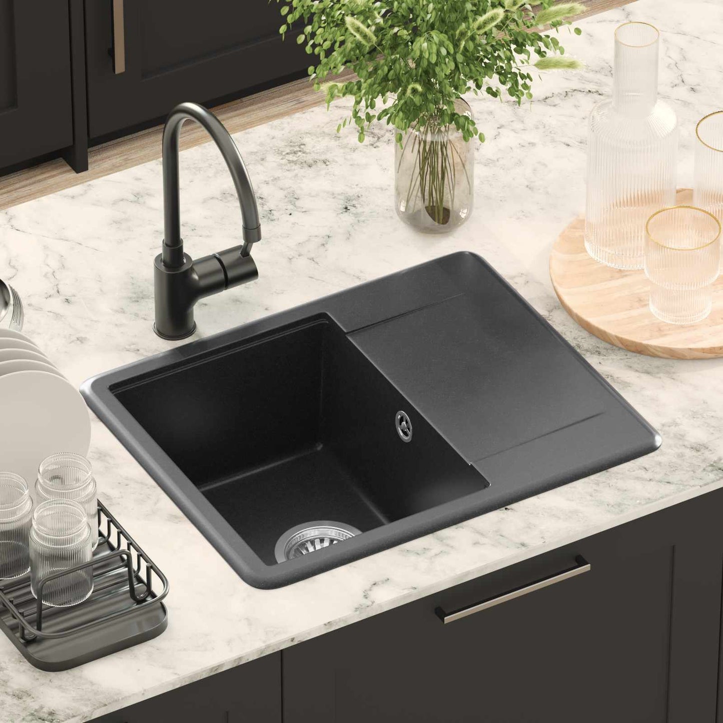 Waschbecken 80% Quarz und 20% Harz 560 x 460 mm Schwarz