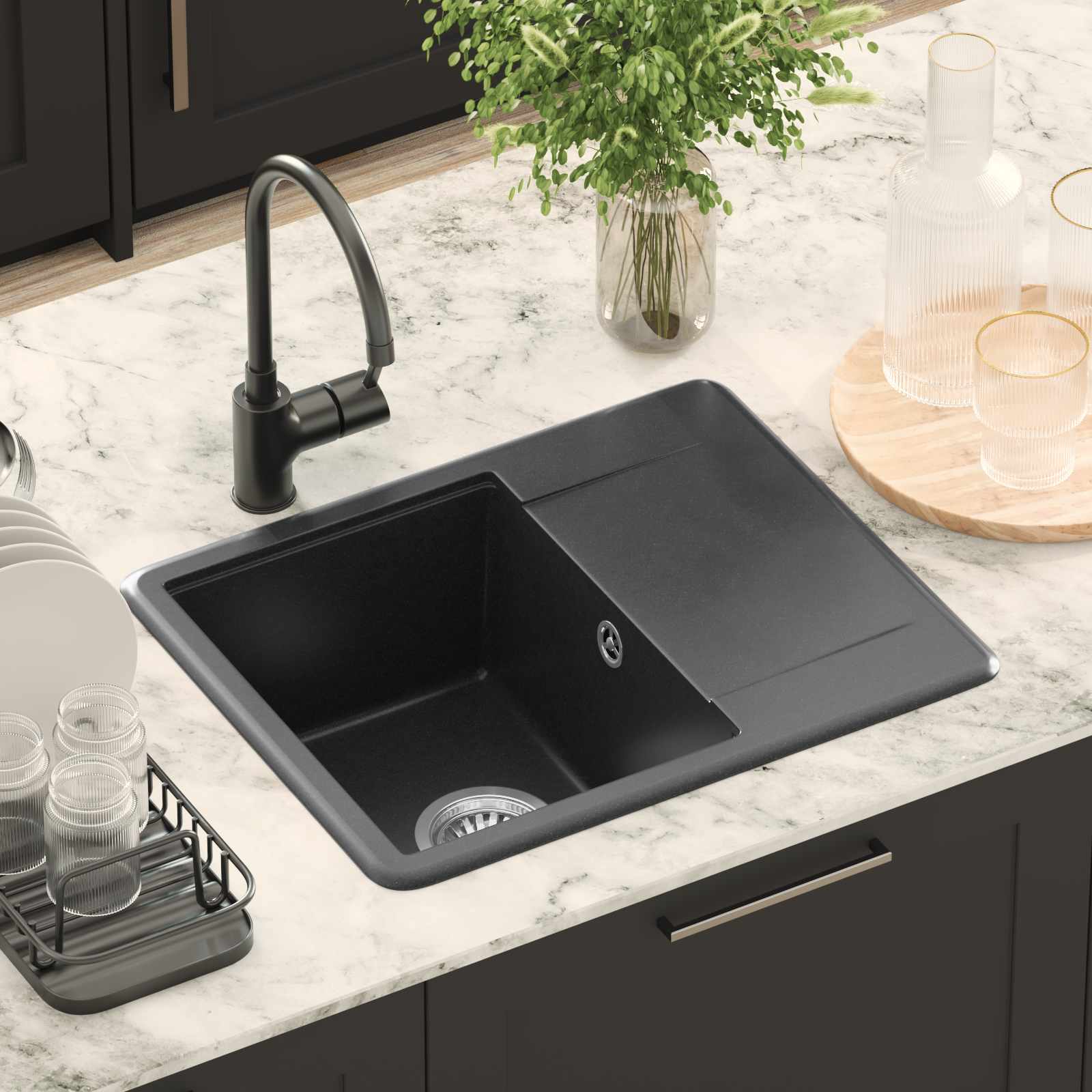 Waschbecken 80% Quarz und 20% Harz 560 x 460 mm Schwarz