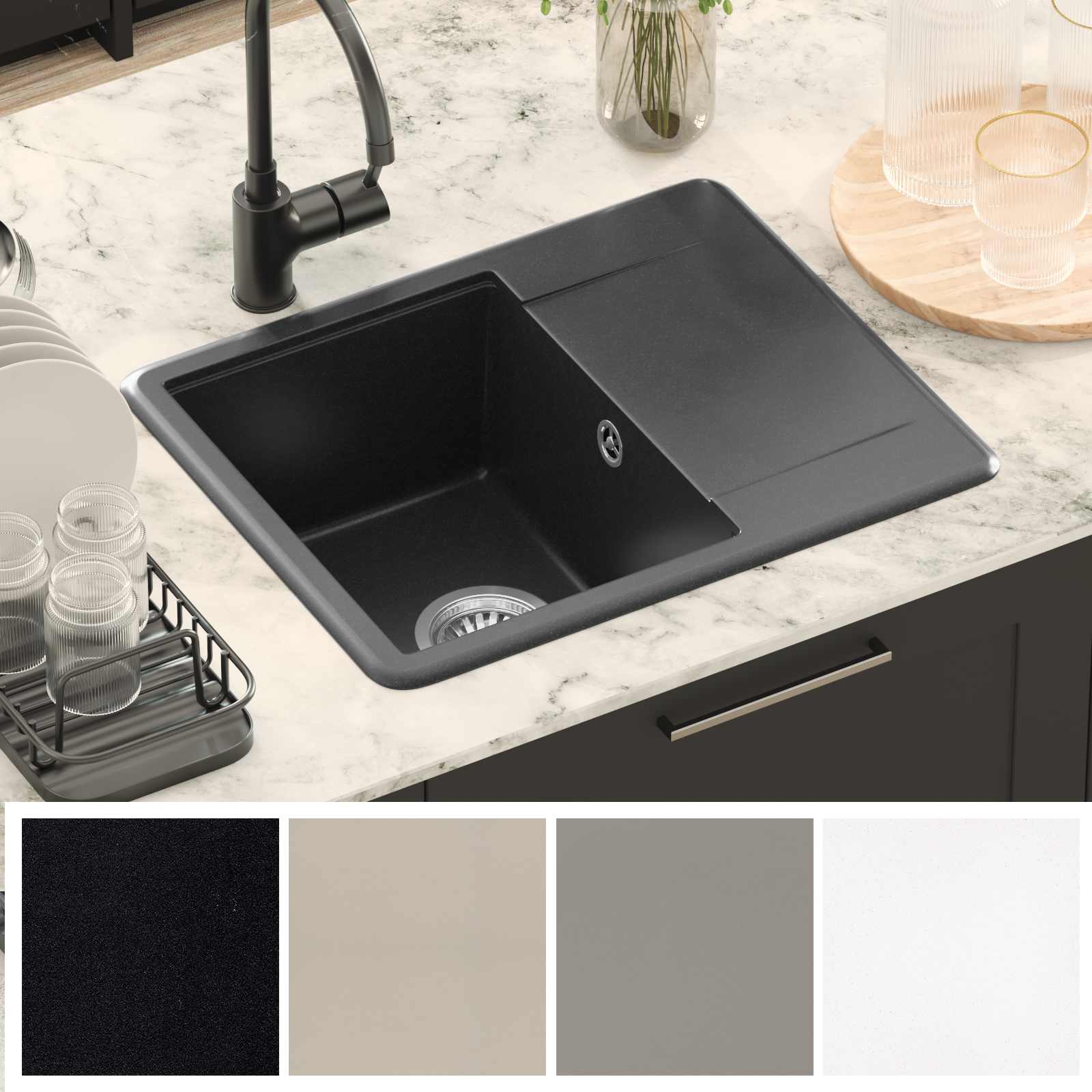 Waschbecken 80% Quarz und 20% Harz 560 x 460 mm Schwarz