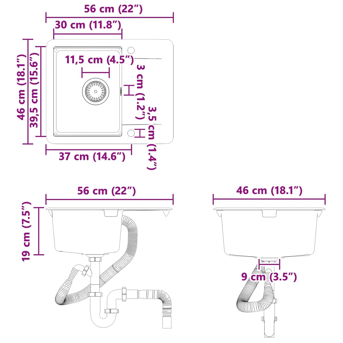 Waschbecken 80% Quarz und 20% Harz 560 x 460 mm Weiß