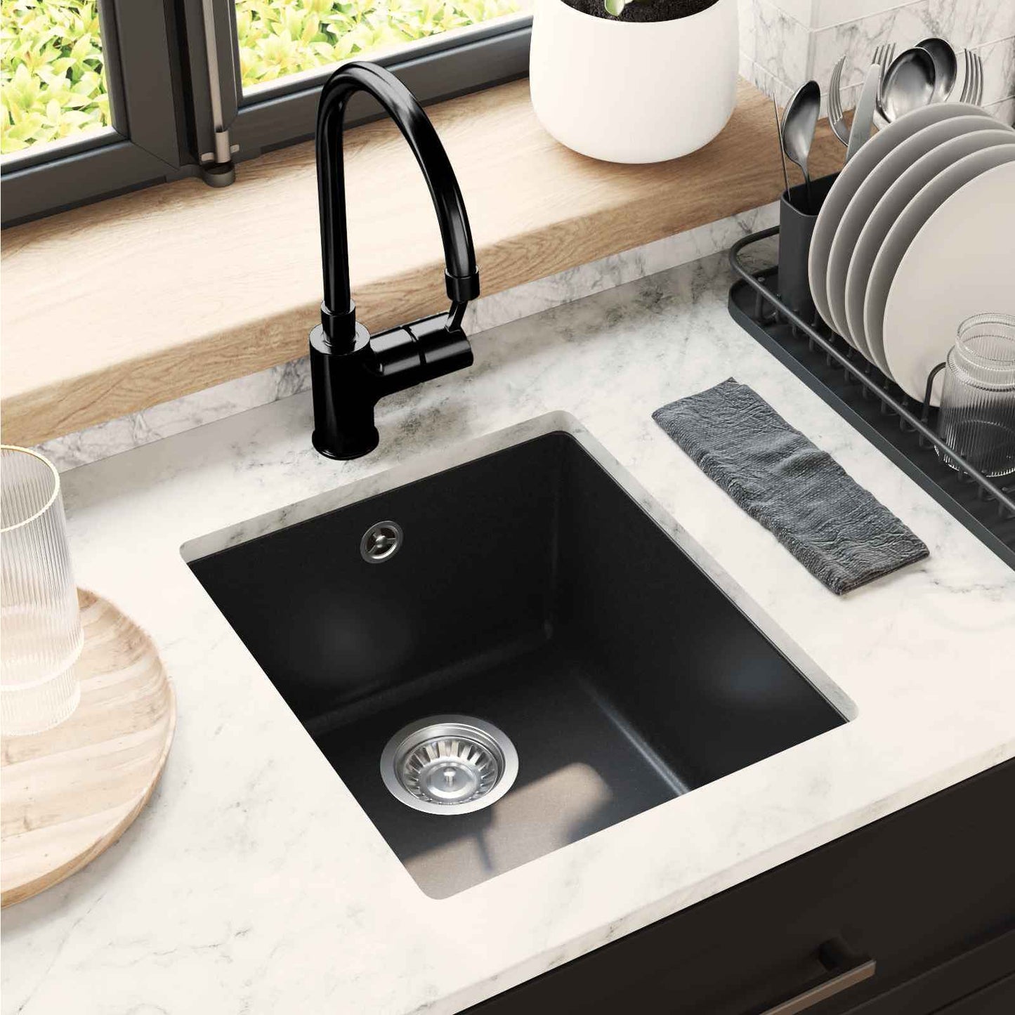 Waschbecken 80% Quarz und 20% Harz 370 x 460 mm Schwarz