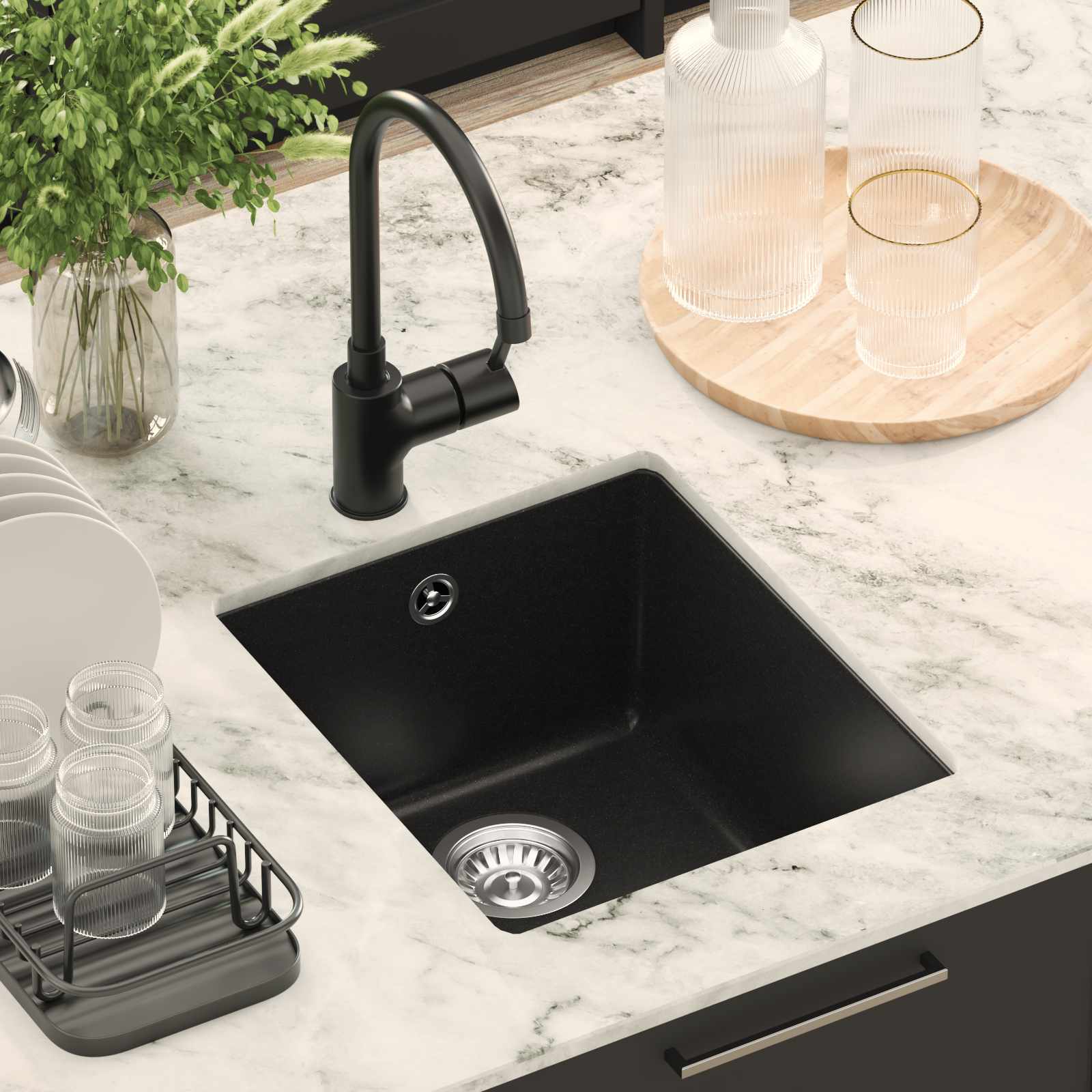 Waschbecken 80% Quarz und 20% Harz 370 x 460 mm Schwarz