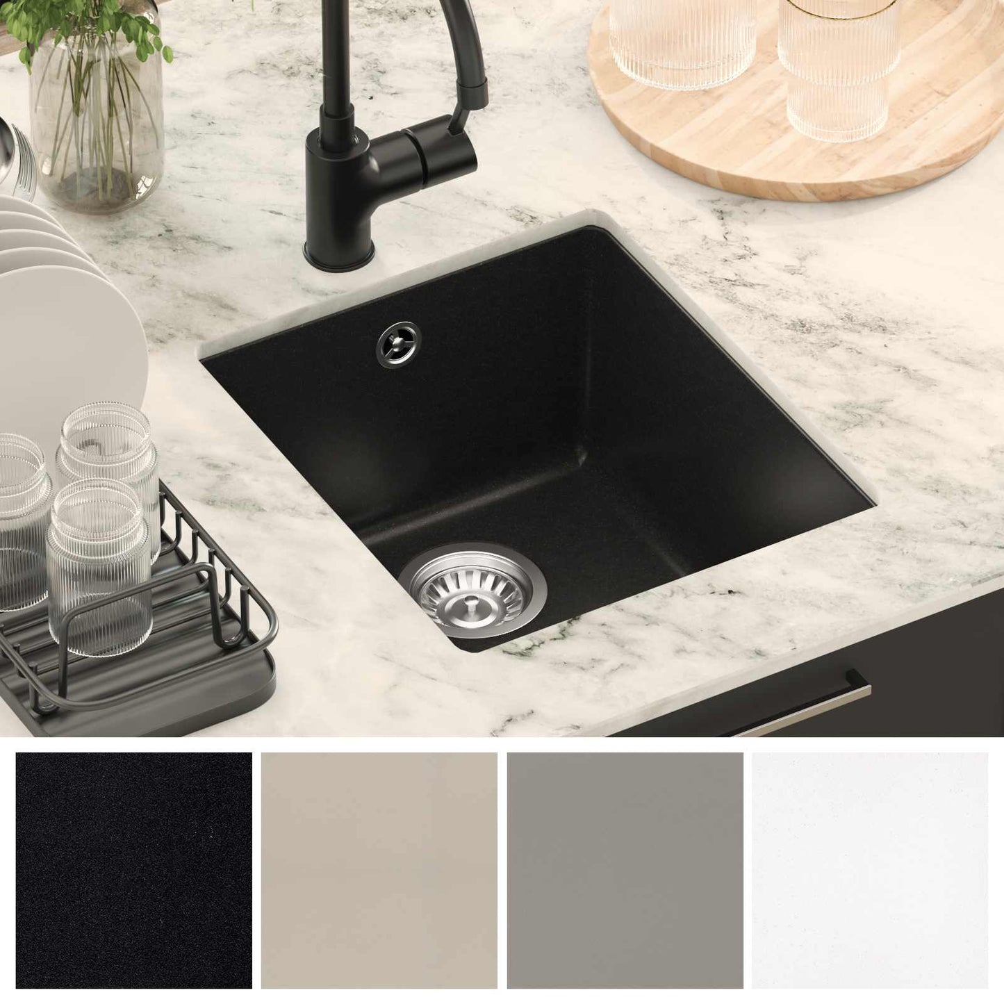 Waschbecken 80% Quarz und 20% Harz 370 x 460 mm Schwarz