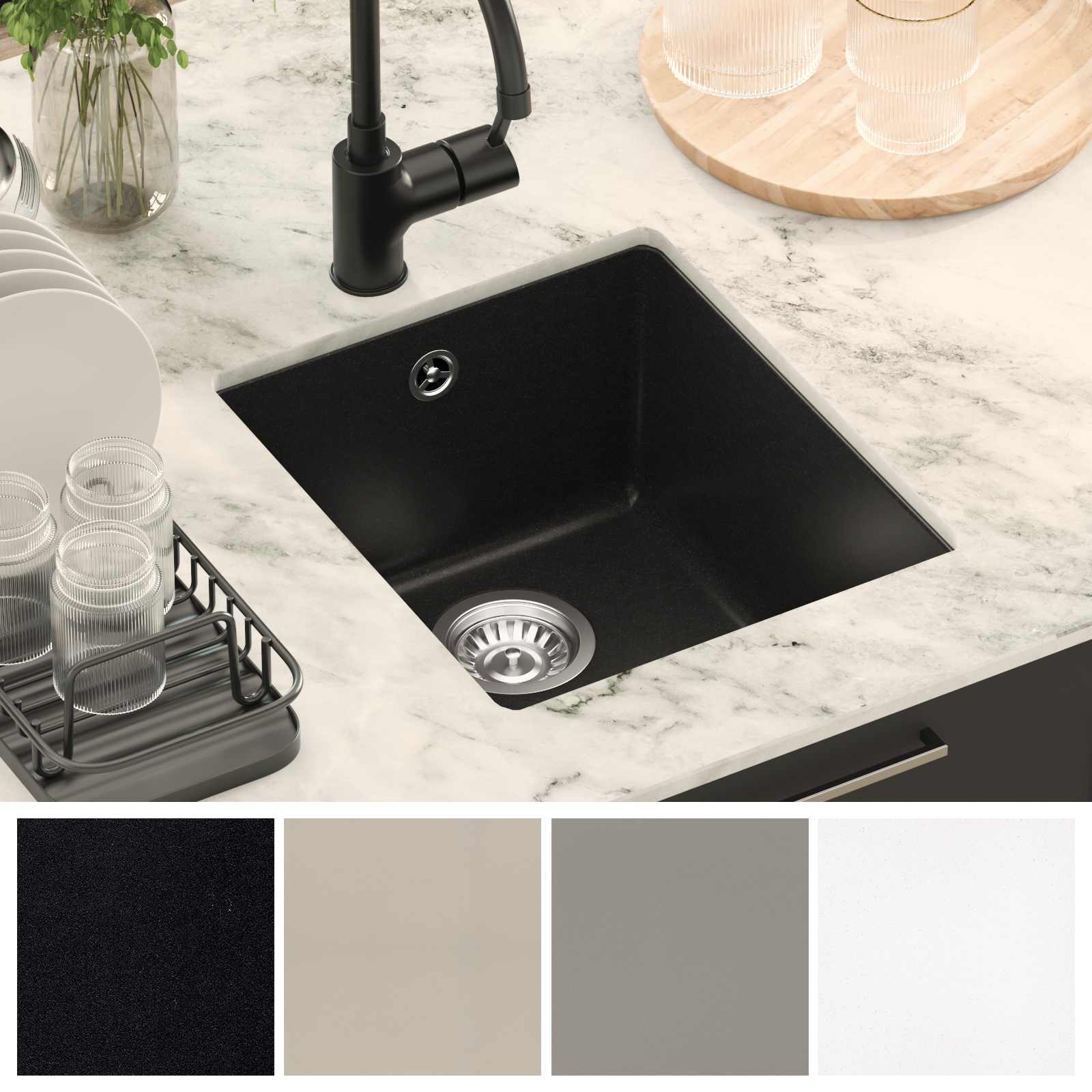 Waschbecken 80% Quarz und 20% Harz 370 x 460 mm Schwarz