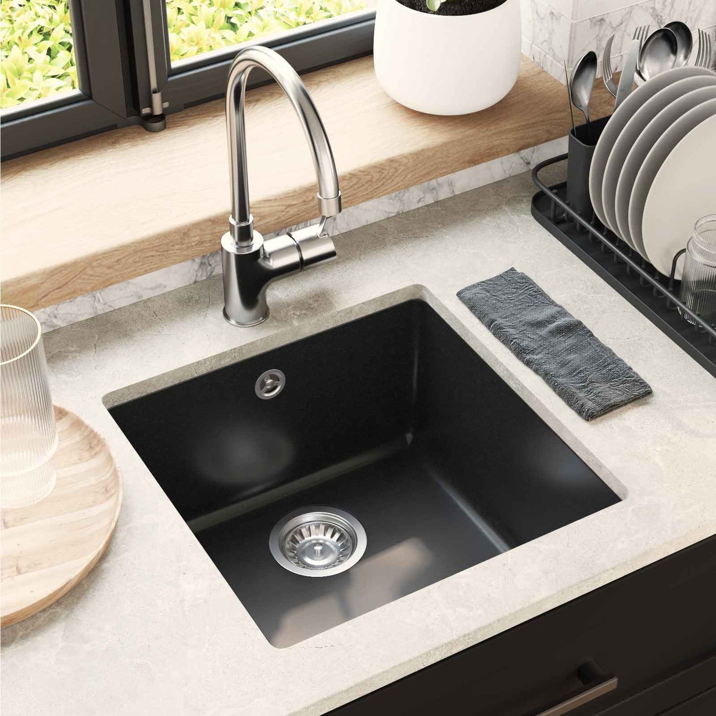 Waschbecken 80% Quarz und 20% Harz 430 x 460 mm Schwarz