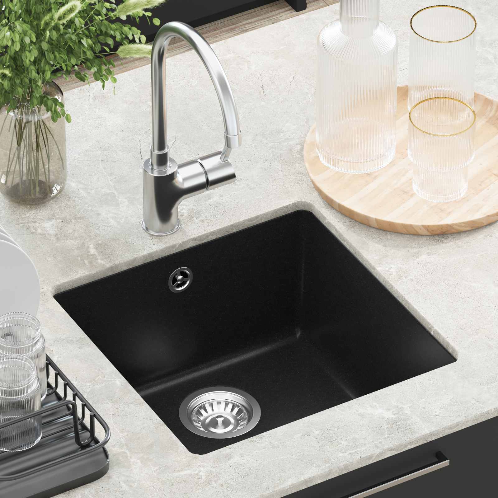 Waschbecken 80% Quarz und 20% Harz 430 x 460 mm Schwarz