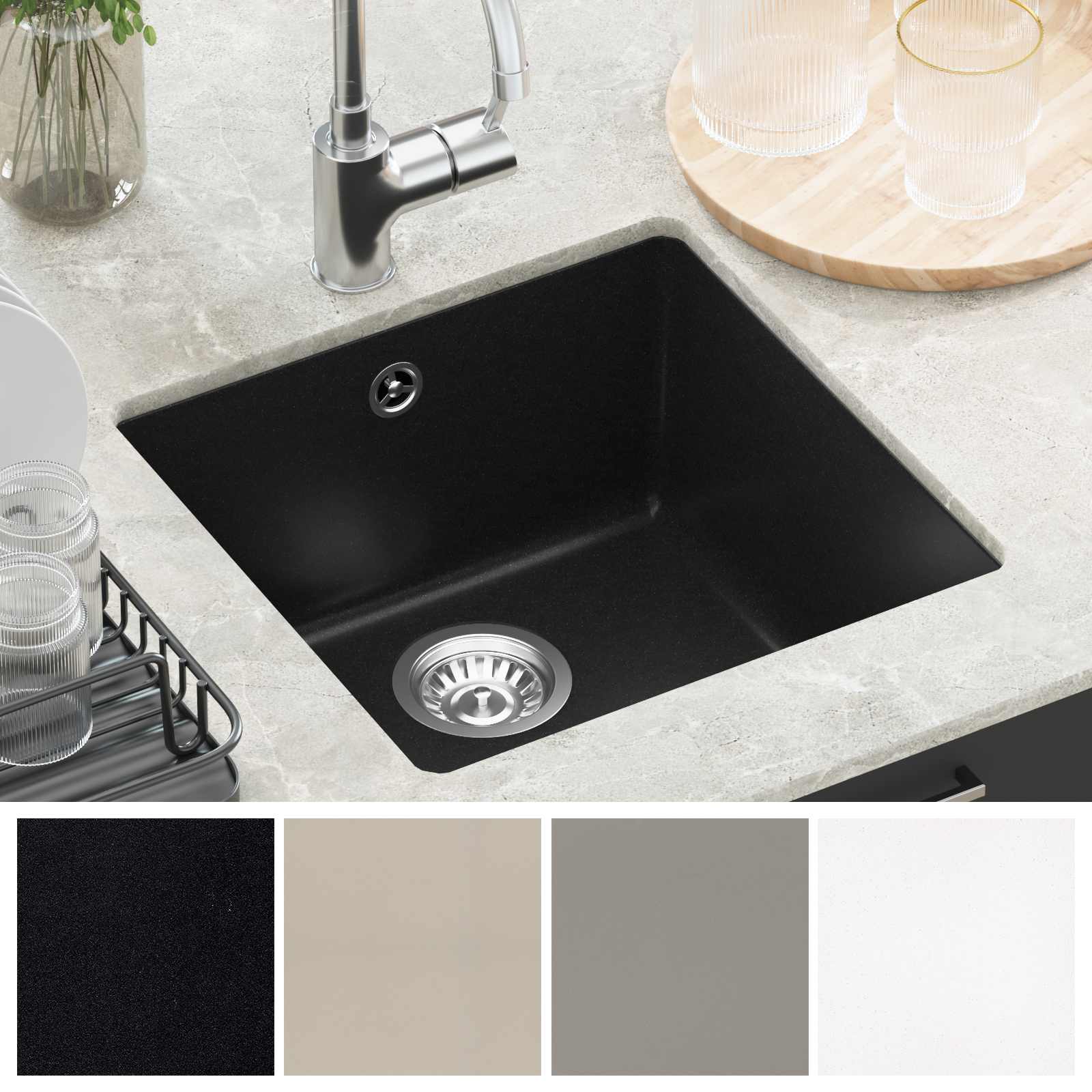 Waschbecken 80% Quarz und 20% Harz 430 x 460 mm Schwarz