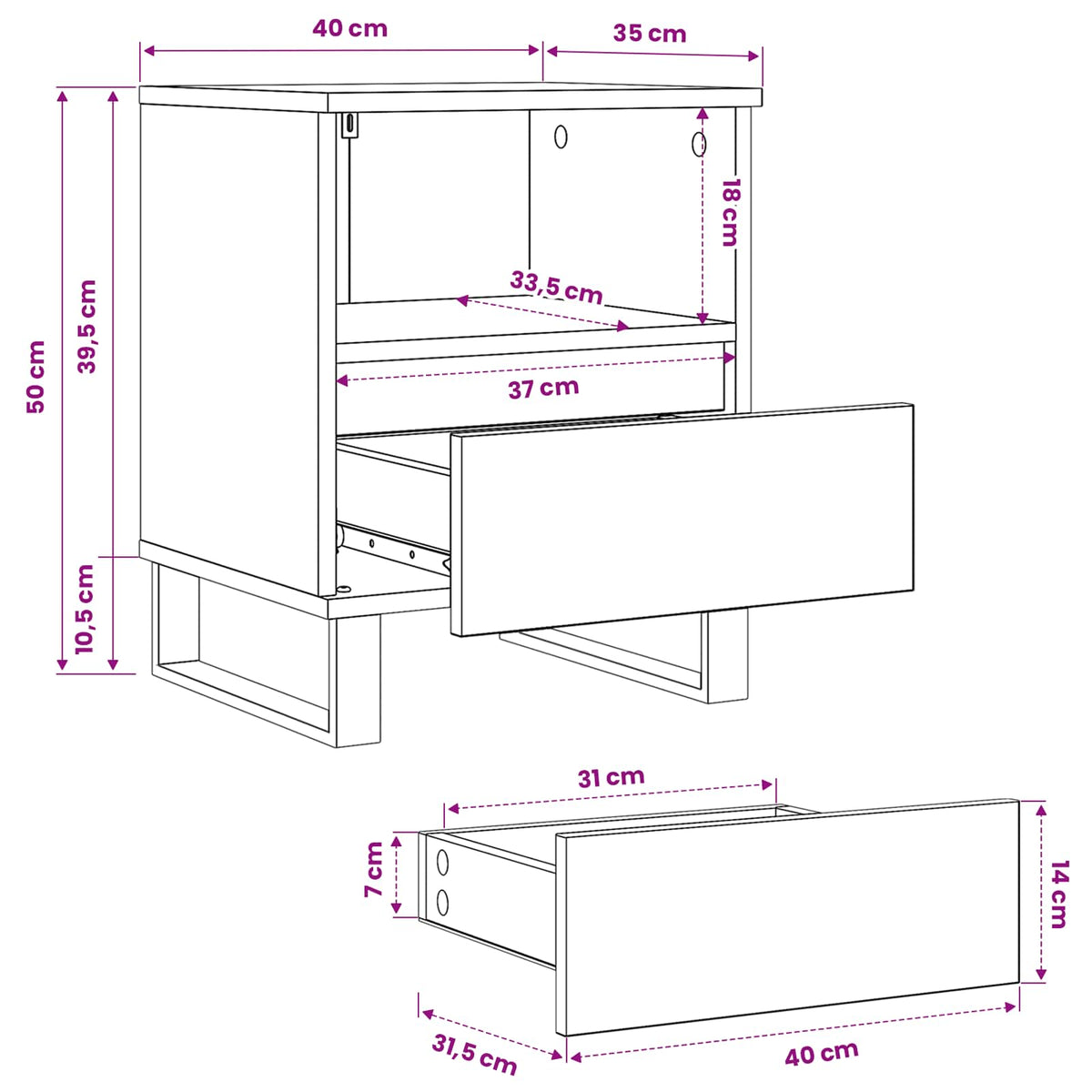 Bettschrank Schwarz Eichen-Optik 40 x 35 x 50 cm Holzwerkstoff