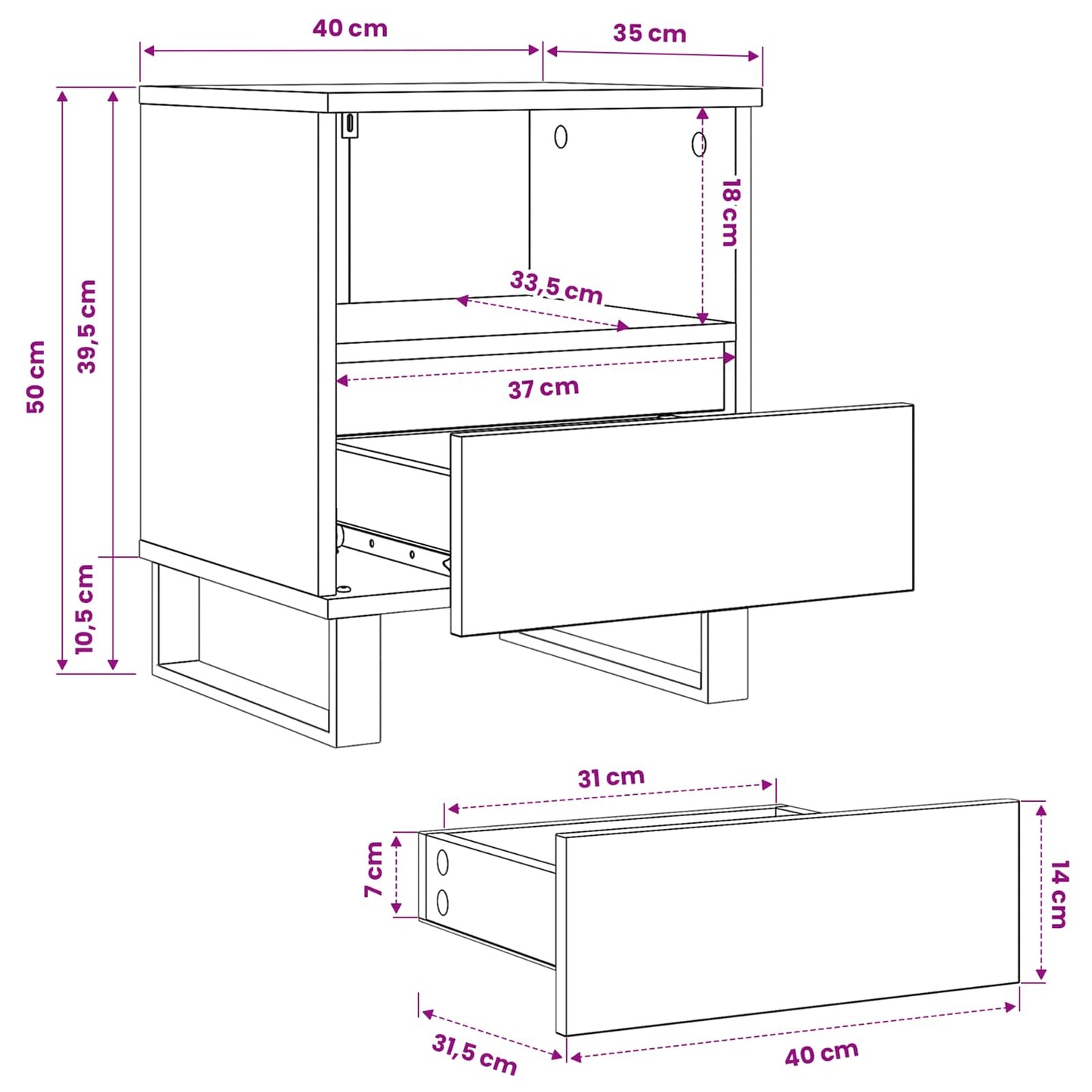 Bettschrank Schwarz Eichen-Optik 40 x 35 x 50 cm Holzwerkstoff