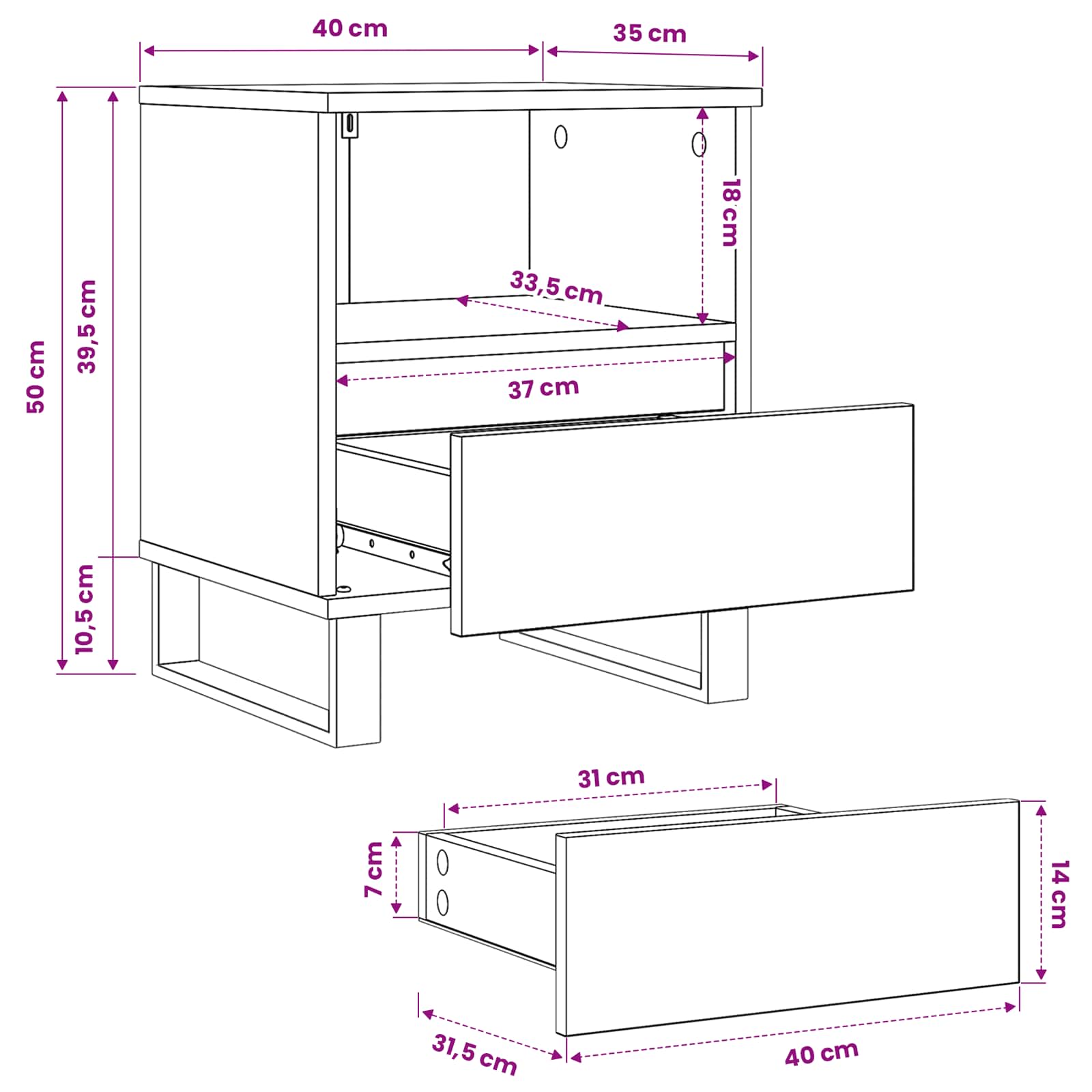 Bettschrank Schwarz Eichen-Optik 40 x 35 x 50 cm Holzwerkstoff