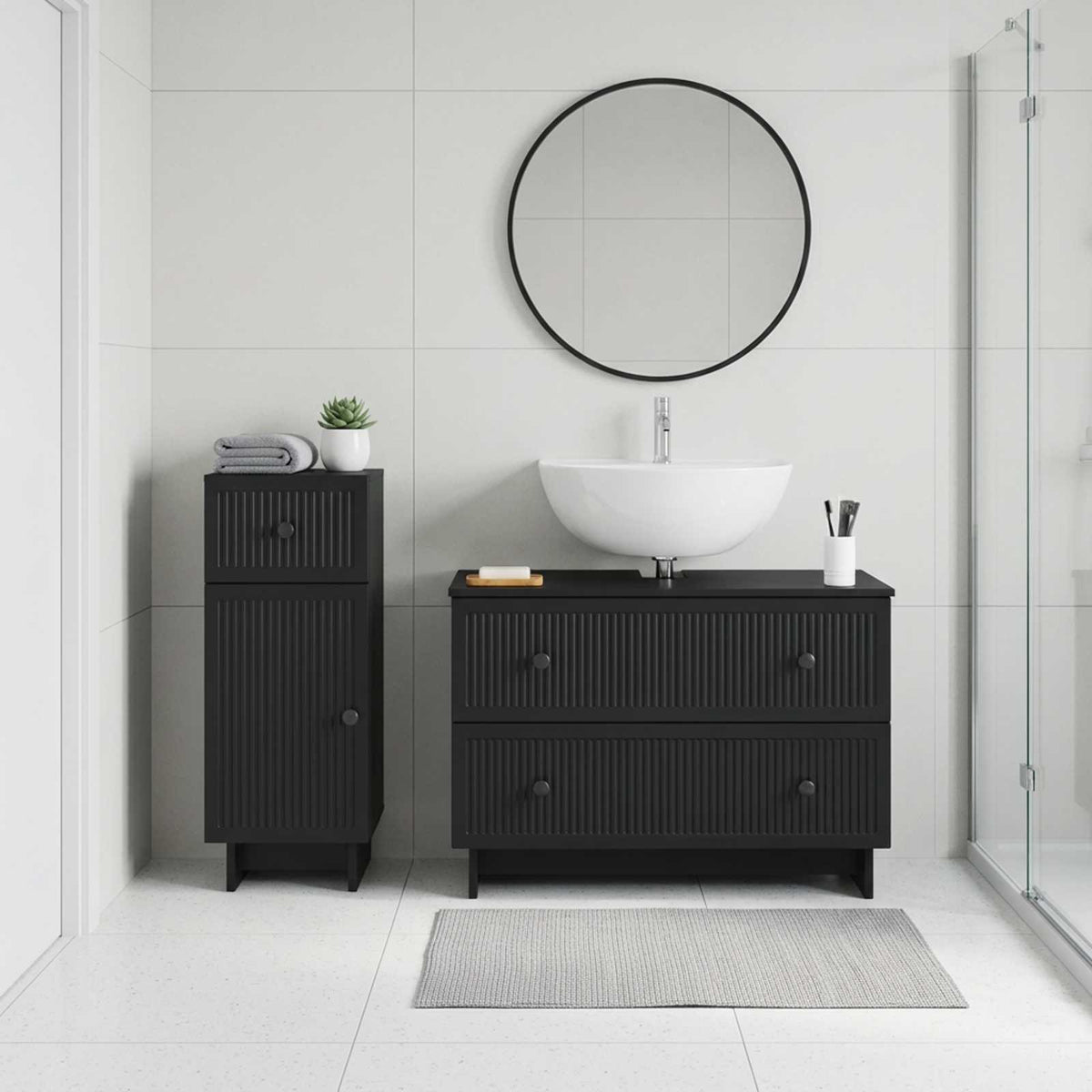 2-teiliges Badezimmer Schrank Set EDE Schwarz Holzwerkstoff