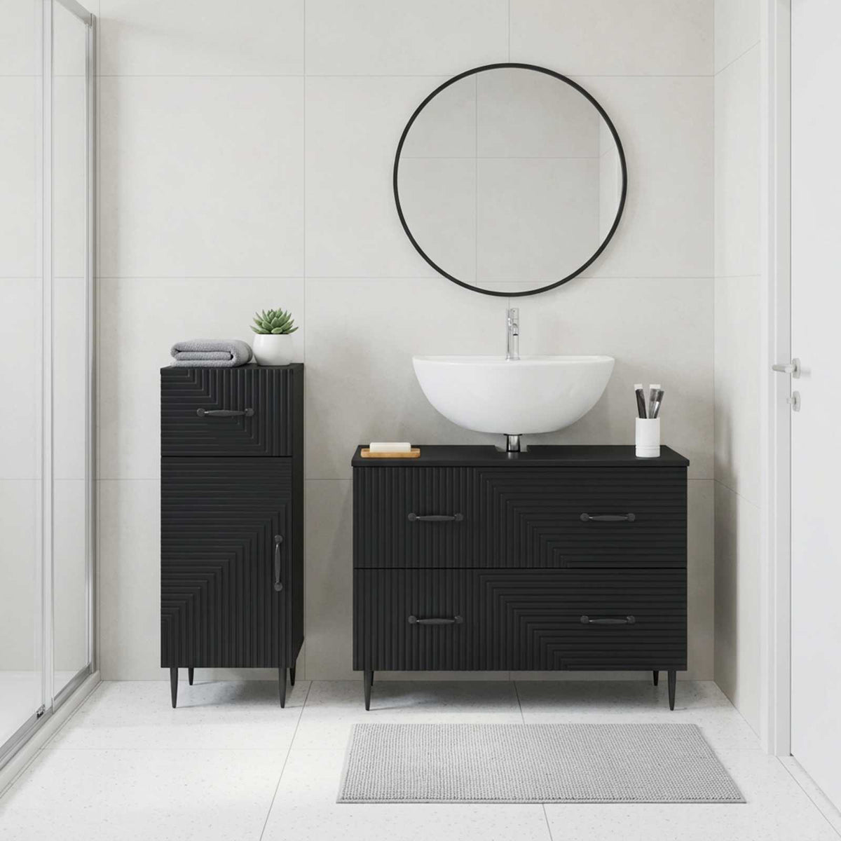 2-teiliges Badezimmer Schrank Set HAARLEM Schwarz Holzwerkstoff