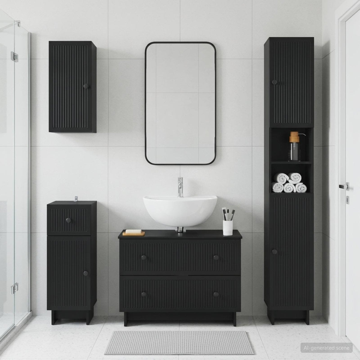 4-teiliges Badezimmer-Schrank-Set EDE Schwarz Holzwerkstoff