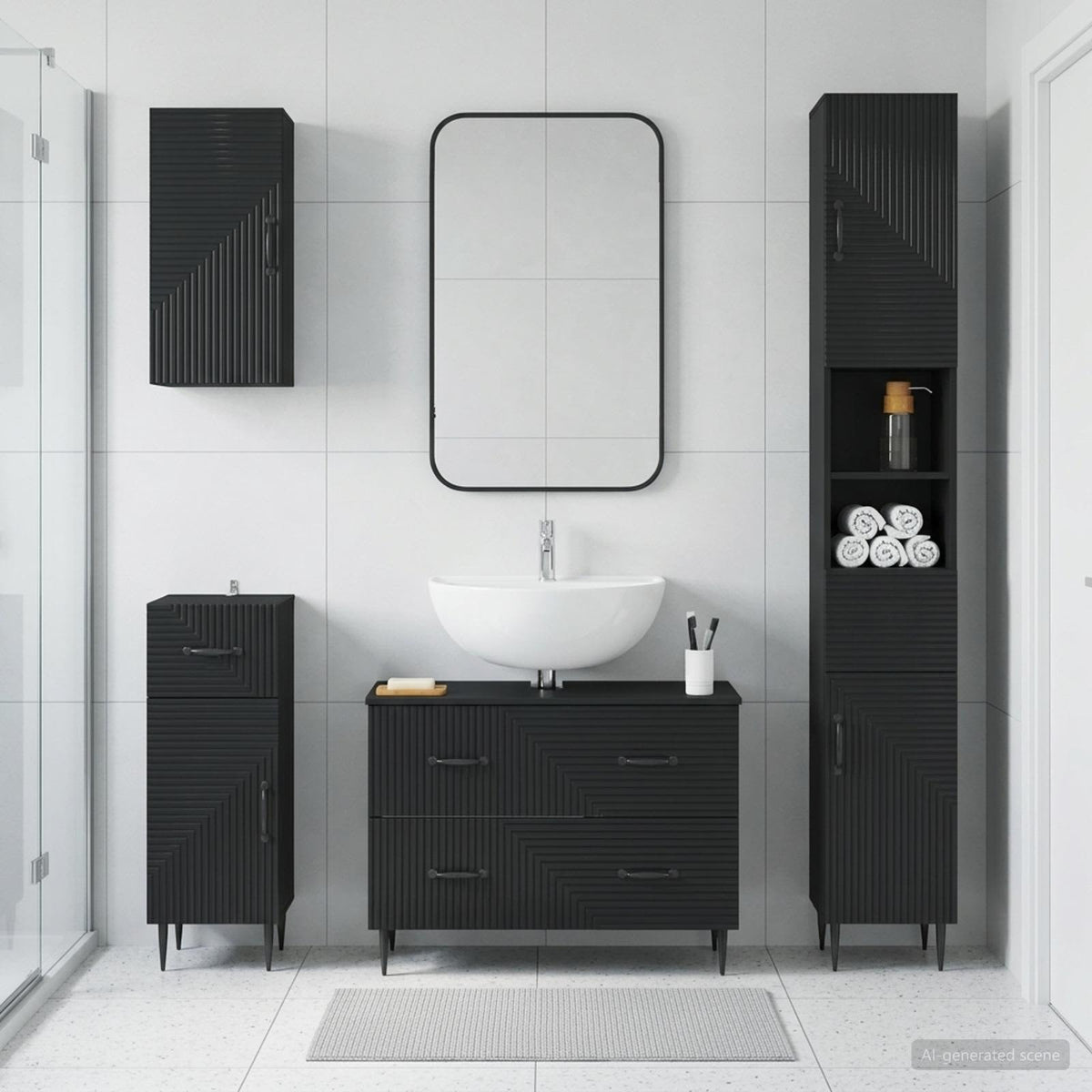 4-teiliges Badezimmer-Schrank-Set HAARLEM Schwarz Holzwerkstoff