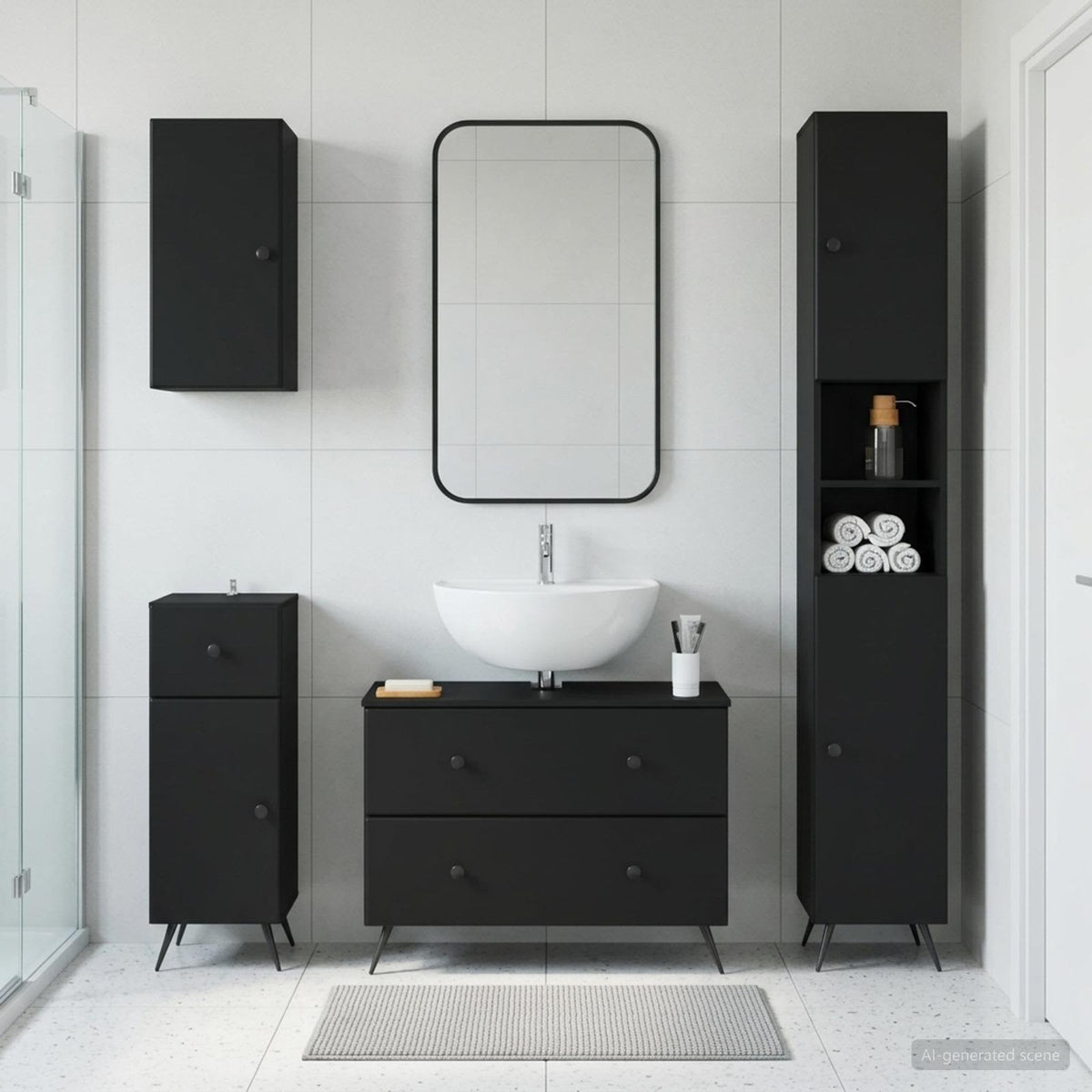 4-teiliges Badezimmer-Schrank-Set BREDA Schwarz Holzwerkstoff