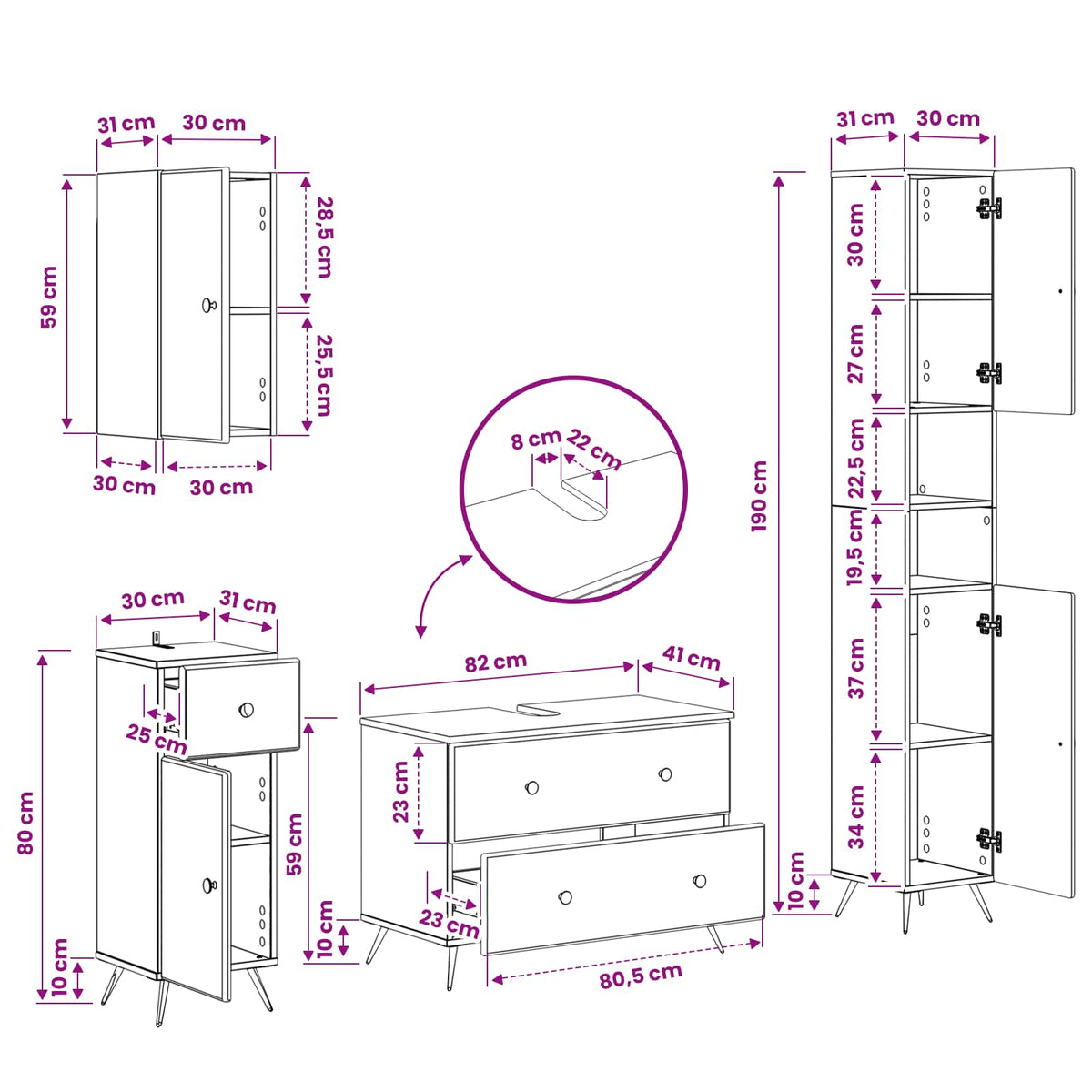 4-teiliges Badezimmer-Schrank-Set BREDA Schwarz Holzwerkstoff