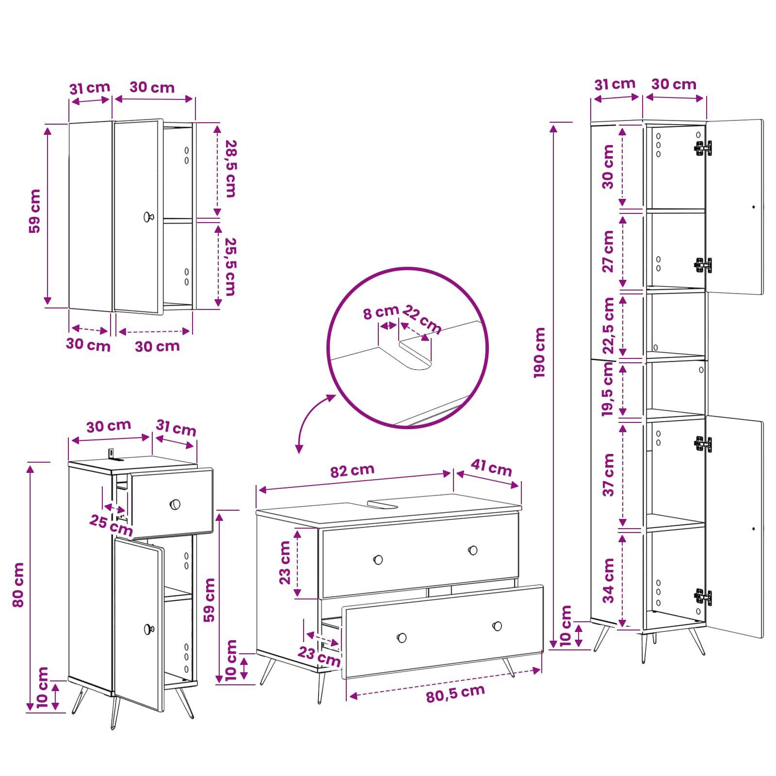 4-teiliges Badezimmer-Schrank-Set BREDA Artisan-Eiche