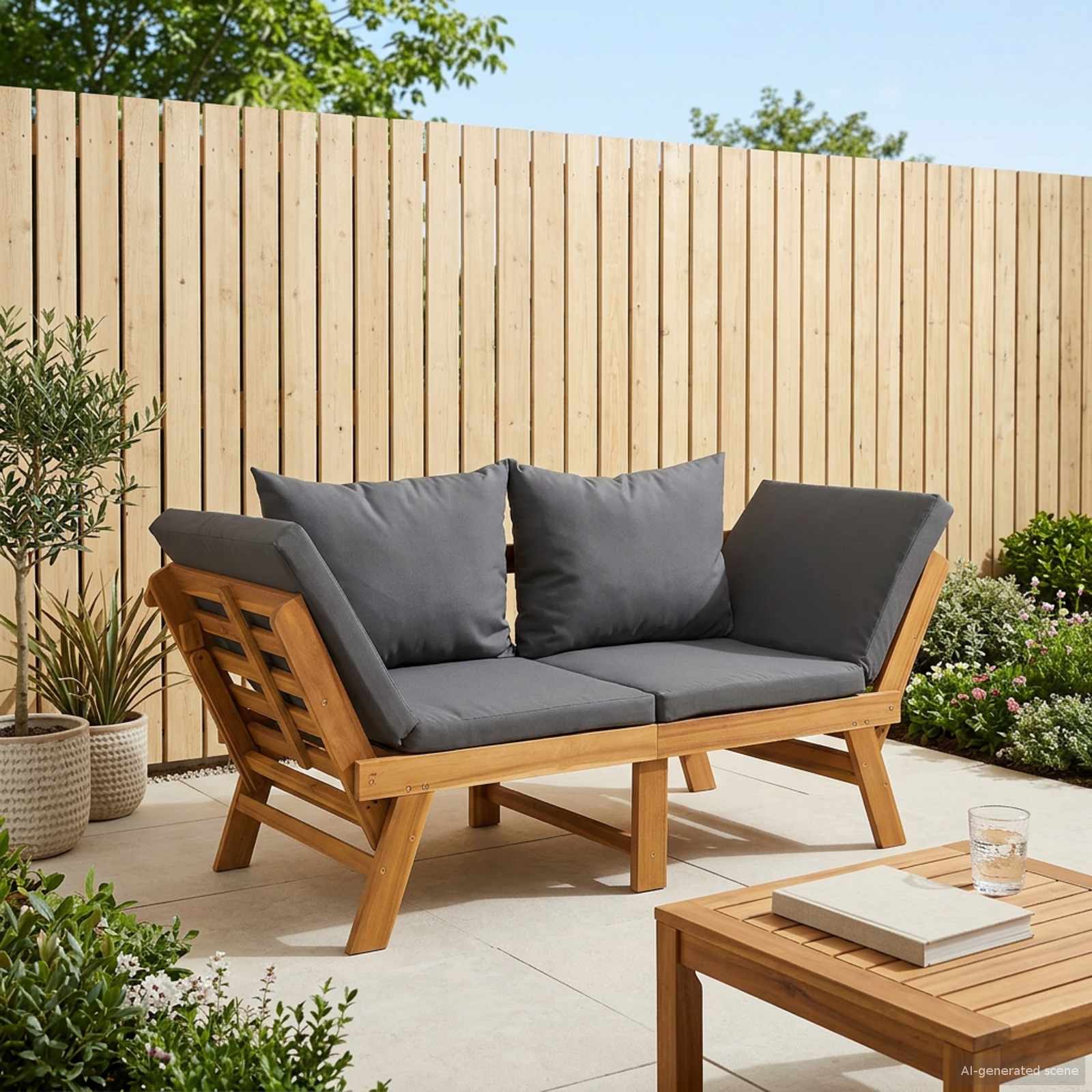 3-in-1 Gartenbank mit Kissen Massives Akazienholz Natur