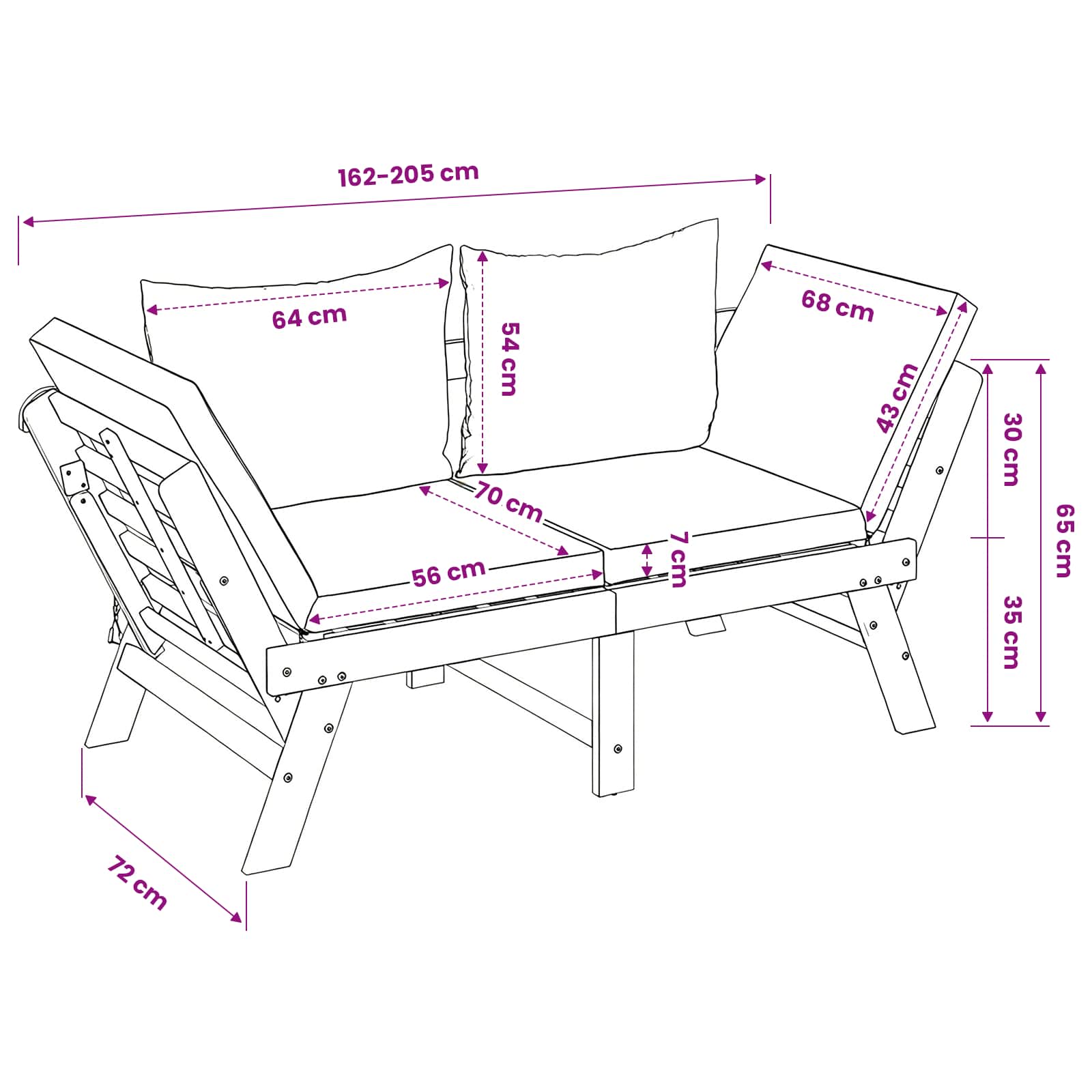 3-in-1 Gartenbank mit Kissen Massives Akazienholz Natur