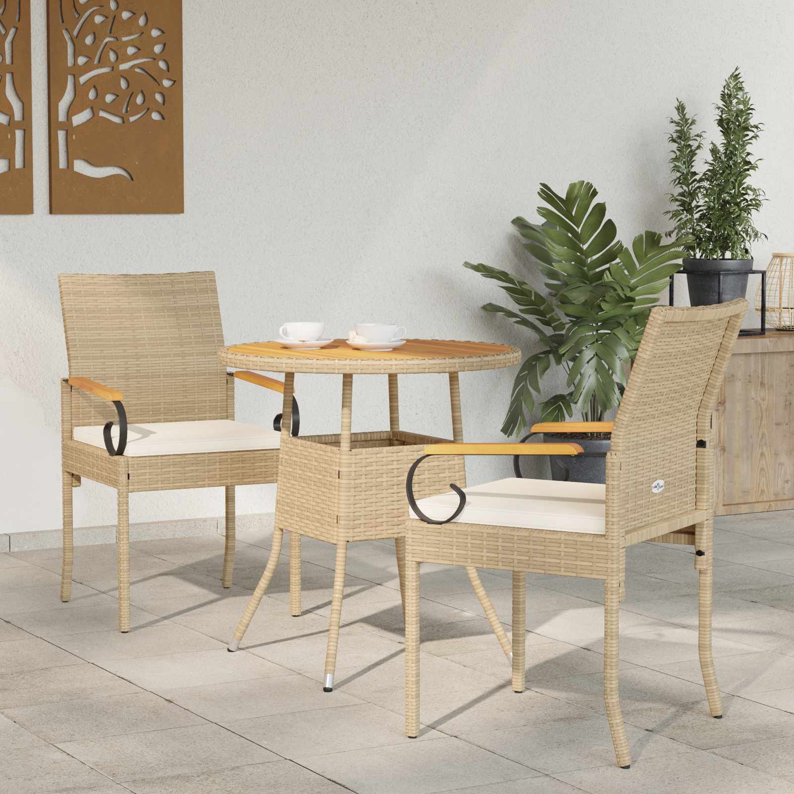 Gartenstühle 2 stk. Beige und Cremeweiß Poly-Rattan und Akazie